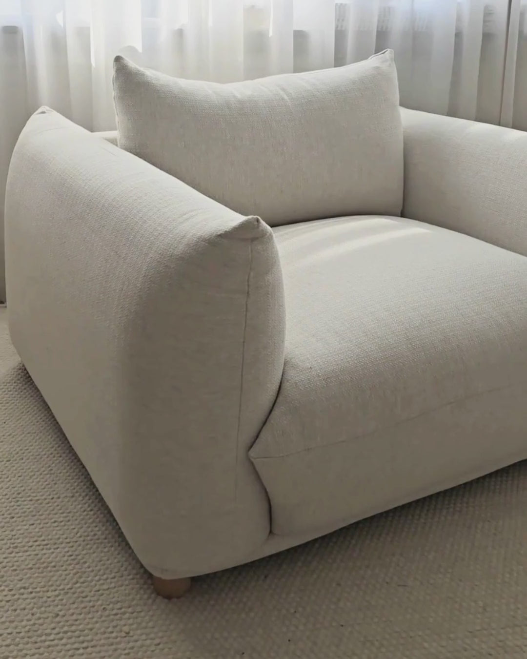 LUVOS Fabric Armchair – Low Profile Deep Seat Lounge Chair in White with Extra Cushion