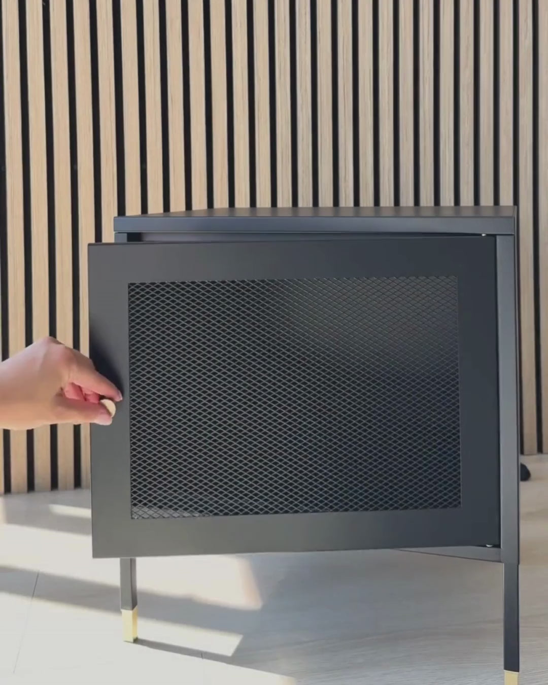 Bedside Table OSSETT Metal Black – Steel Nightstand with Metal Mesh Door, Modern Design