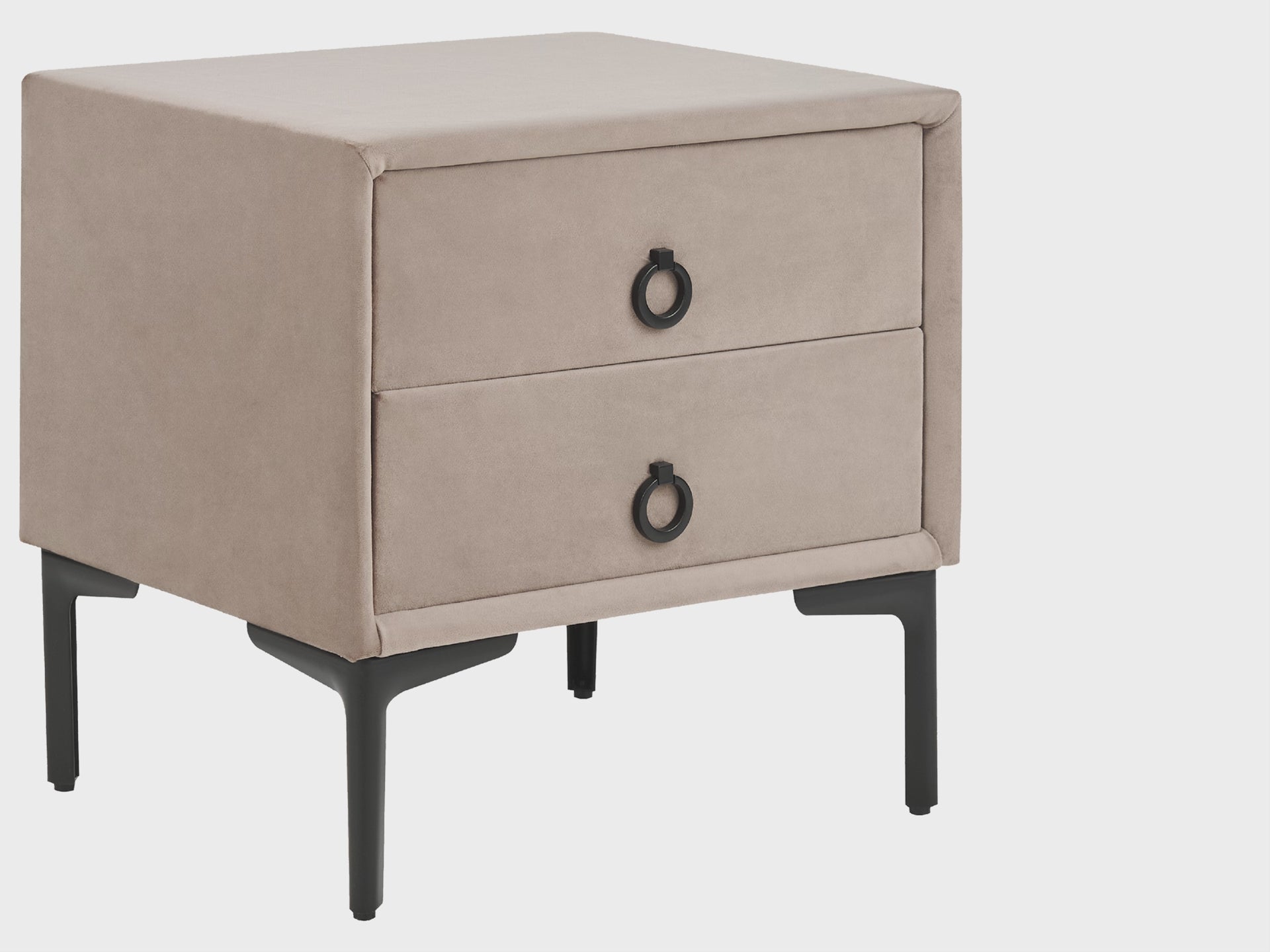 2 Drawer Upholstered Bedside Table SEZANNE in Taupe Velvet with Metal Legs