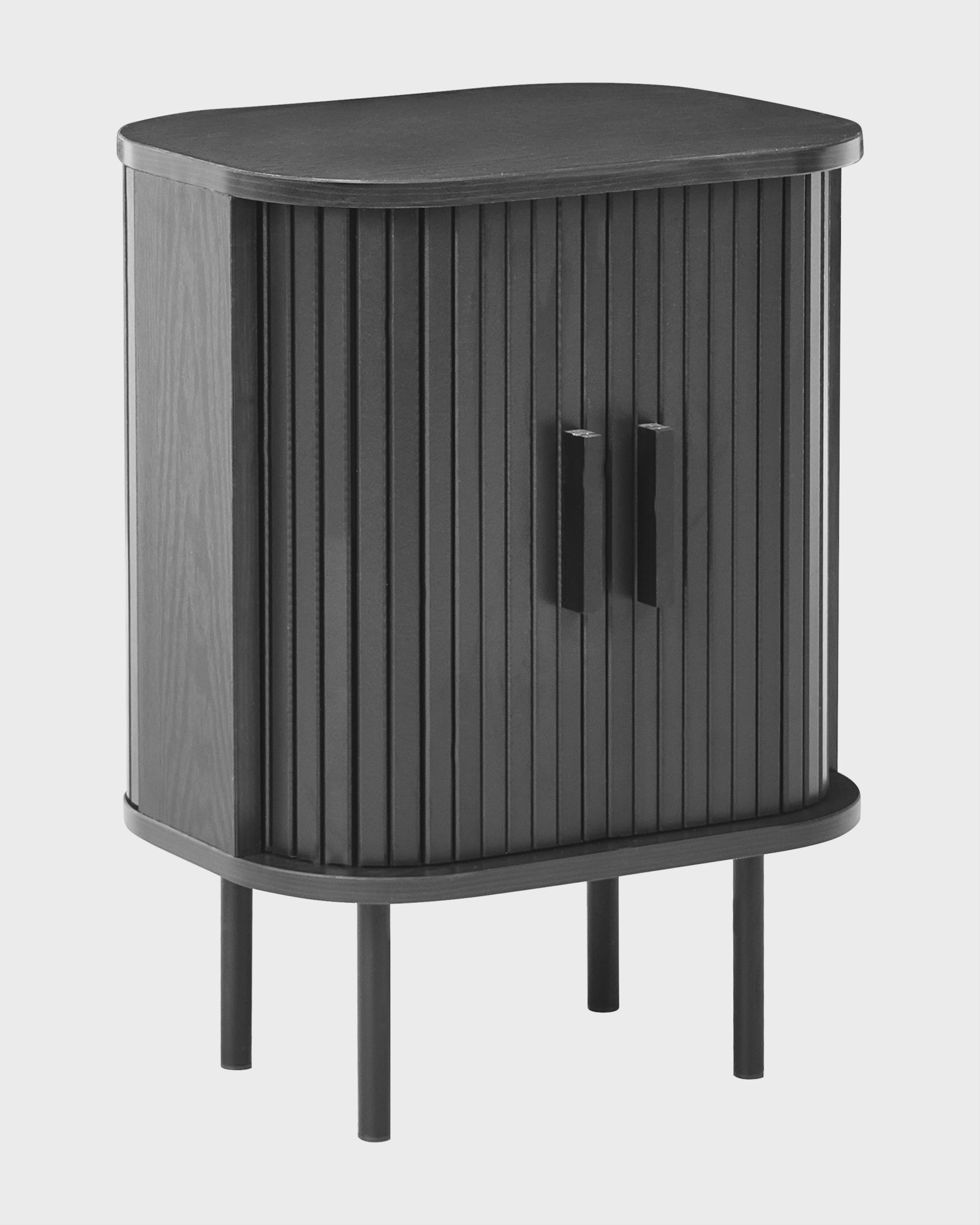 Bedside Table BRADLEY Black with Sliding Doors, Retro Nightstand with Storage, MDF & Pine Wood, 40 x 30 x 55 cm