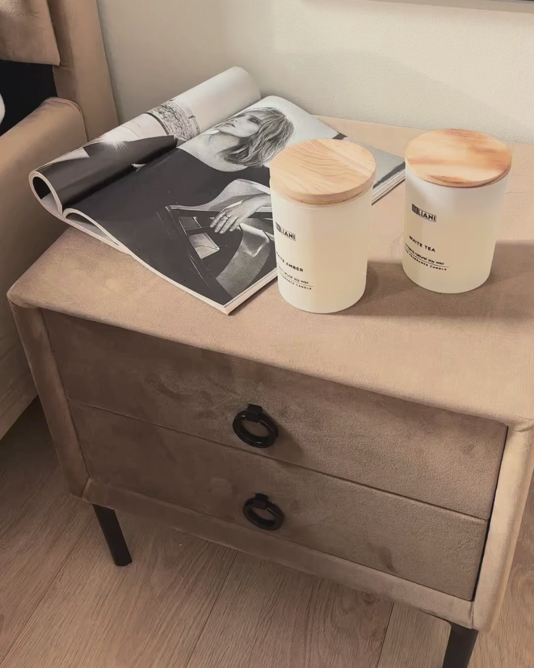 2 Drawer Upholstered Bedside Table SEZANNE in Grey Velvet with Metal Legs