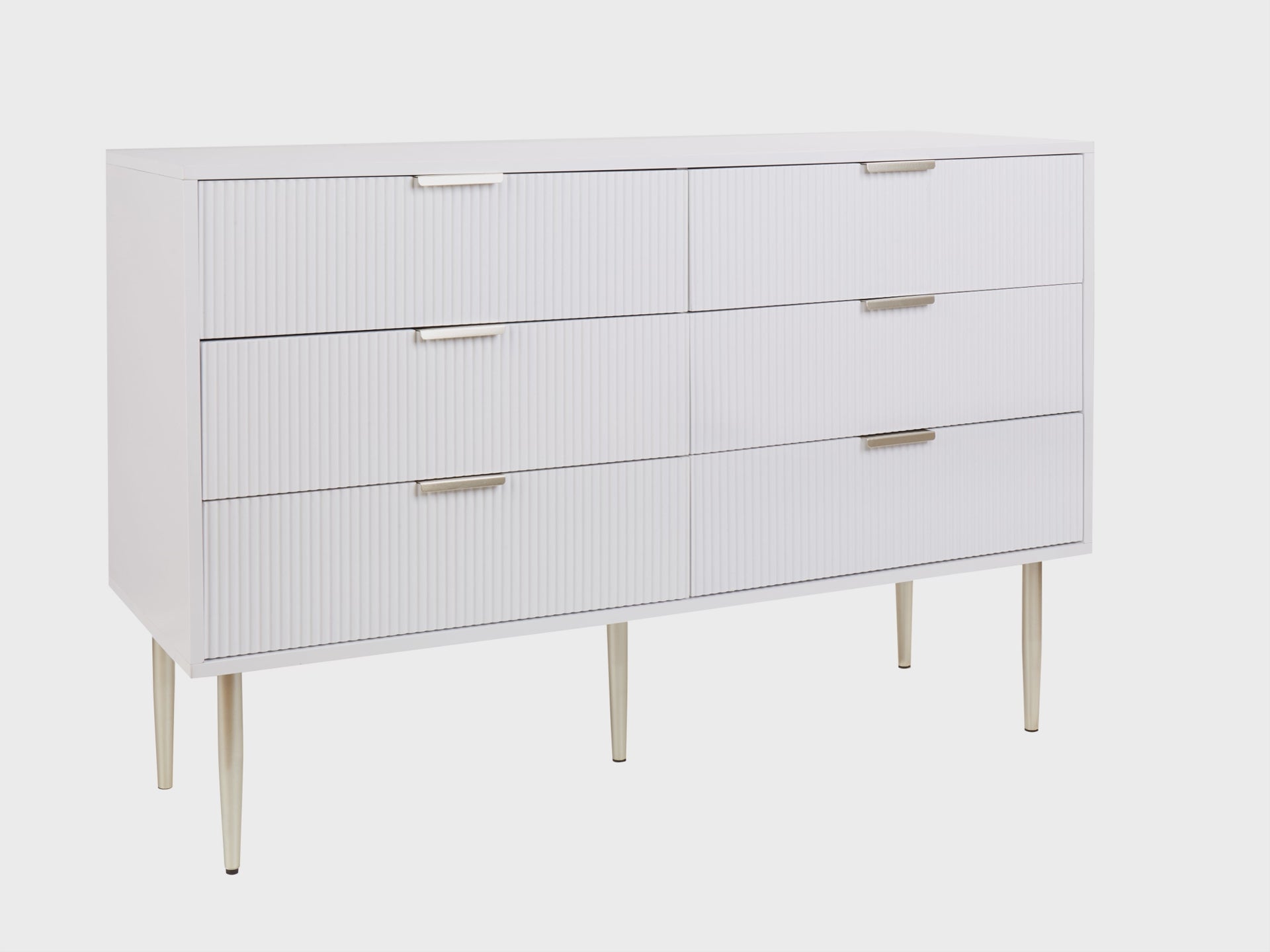 Modern 6 Drawer Chest with Fluted Fronts and Metal Legs, SOHO White