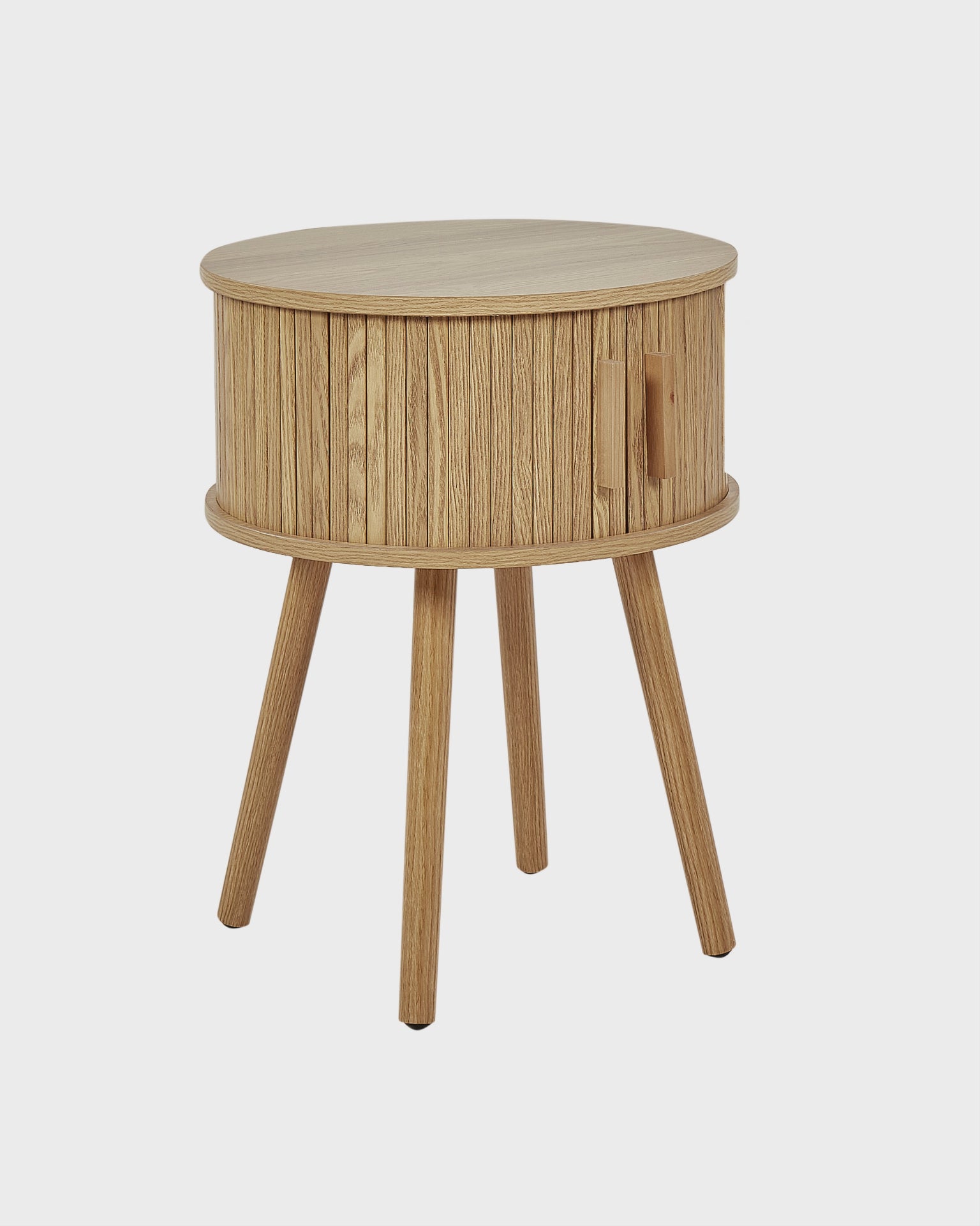 SELAH Brown Bedside Table – Round Nightstand with Sliding Doors