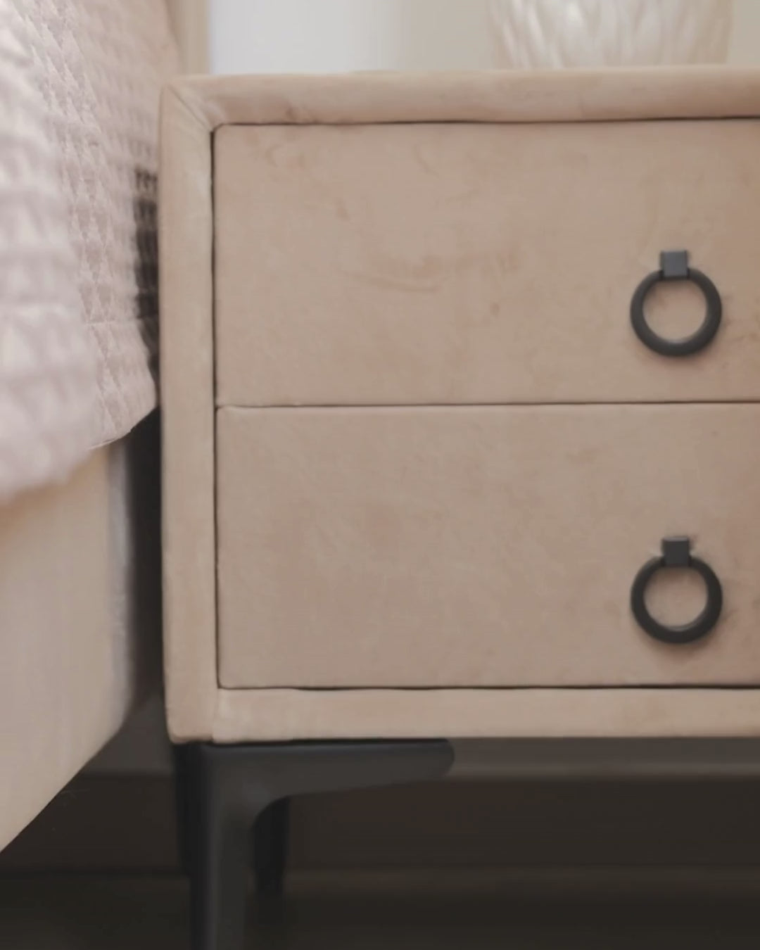 2 Drawer Upholstered Bedside Table SEZANNE in Taupe Velvet with Metal Legs