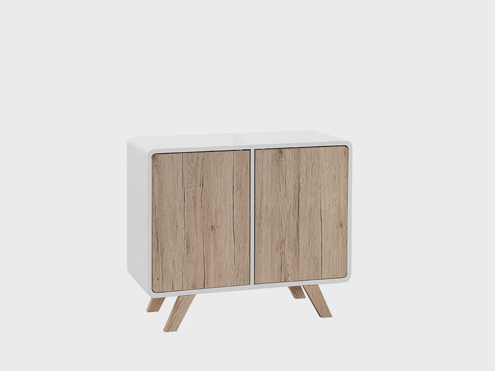 Retro Highboard Cabinet MILO White with Wooden Legs – Scandinavian Storage Cabinet with Shelves for Living Room or Bedroom