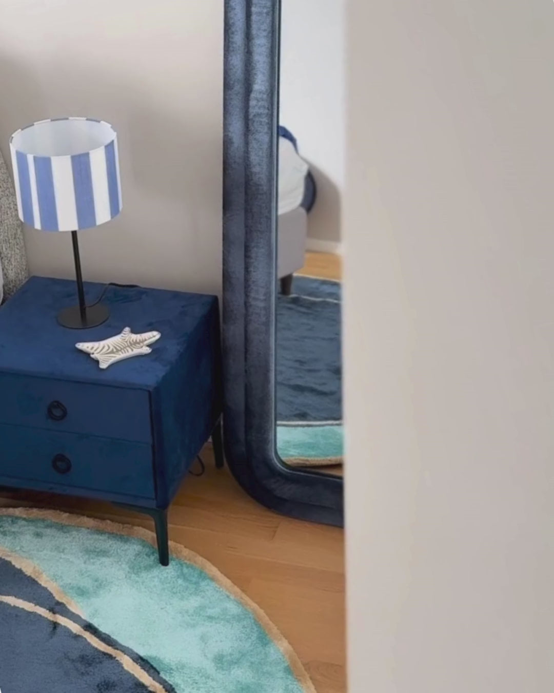 2 Drawer Upholstered Bedside Table SEZANNE in Blue Velvet with Metal Legs