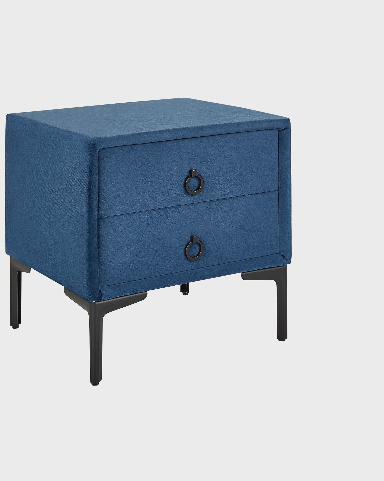 2 Drawer Upholstered Bedside Table SEZANNE in Blue Velvet with Metal Legs