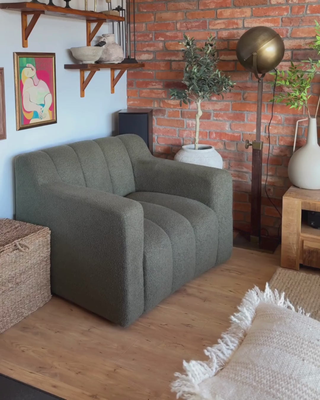 Armchair AGERUP Boucle Dark Green– Upholstered Accent Chair with Decorative Tufting, Deep Seat Comfort, Contemporary Living Room Armchair