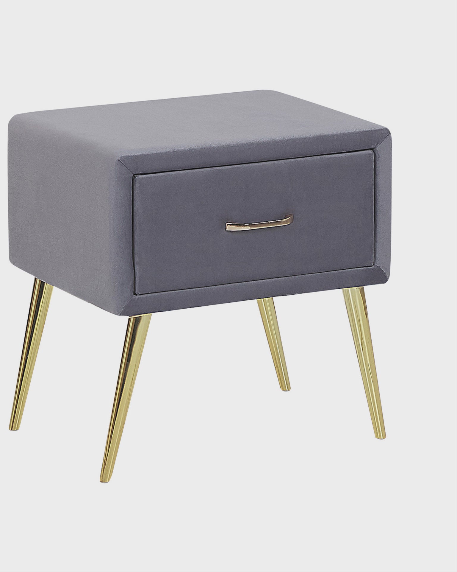 1 Drawer Bedside Table FLAYAT – Velvet Upholstered Nightstand, Grey with Gold Legs