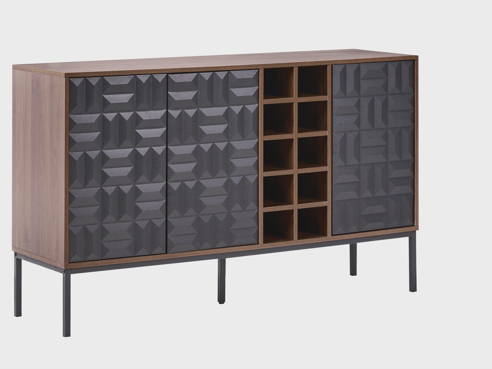 CARAQUET Dark Brown Wine Cabinet with Built-In Wine Rack, Geometric Doors, MDF & Steel Frame, 140 × 40 × 85 cm