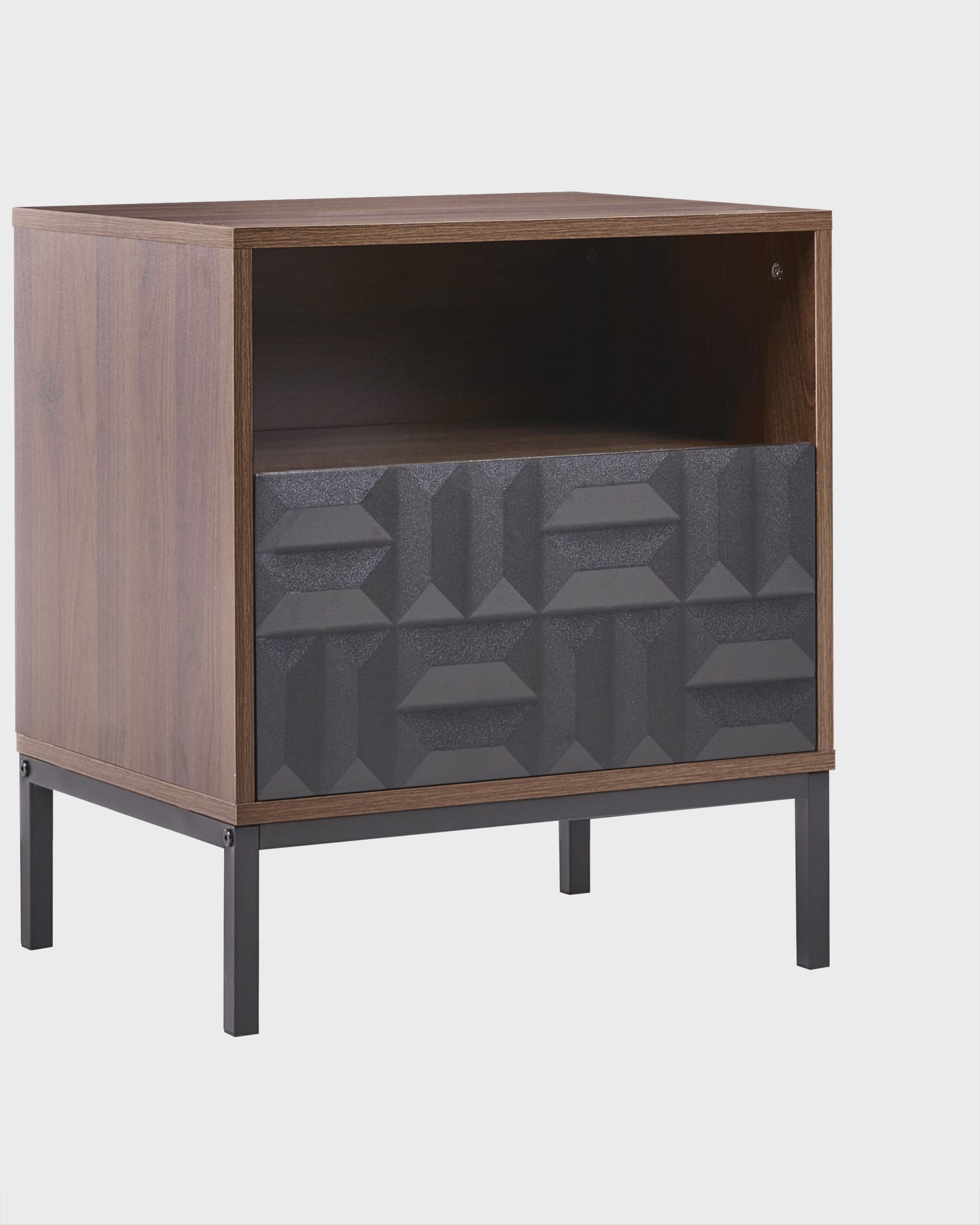 Nightstand with Geometric Pattern – 1 Drawer Bedside Table in Dark Brown