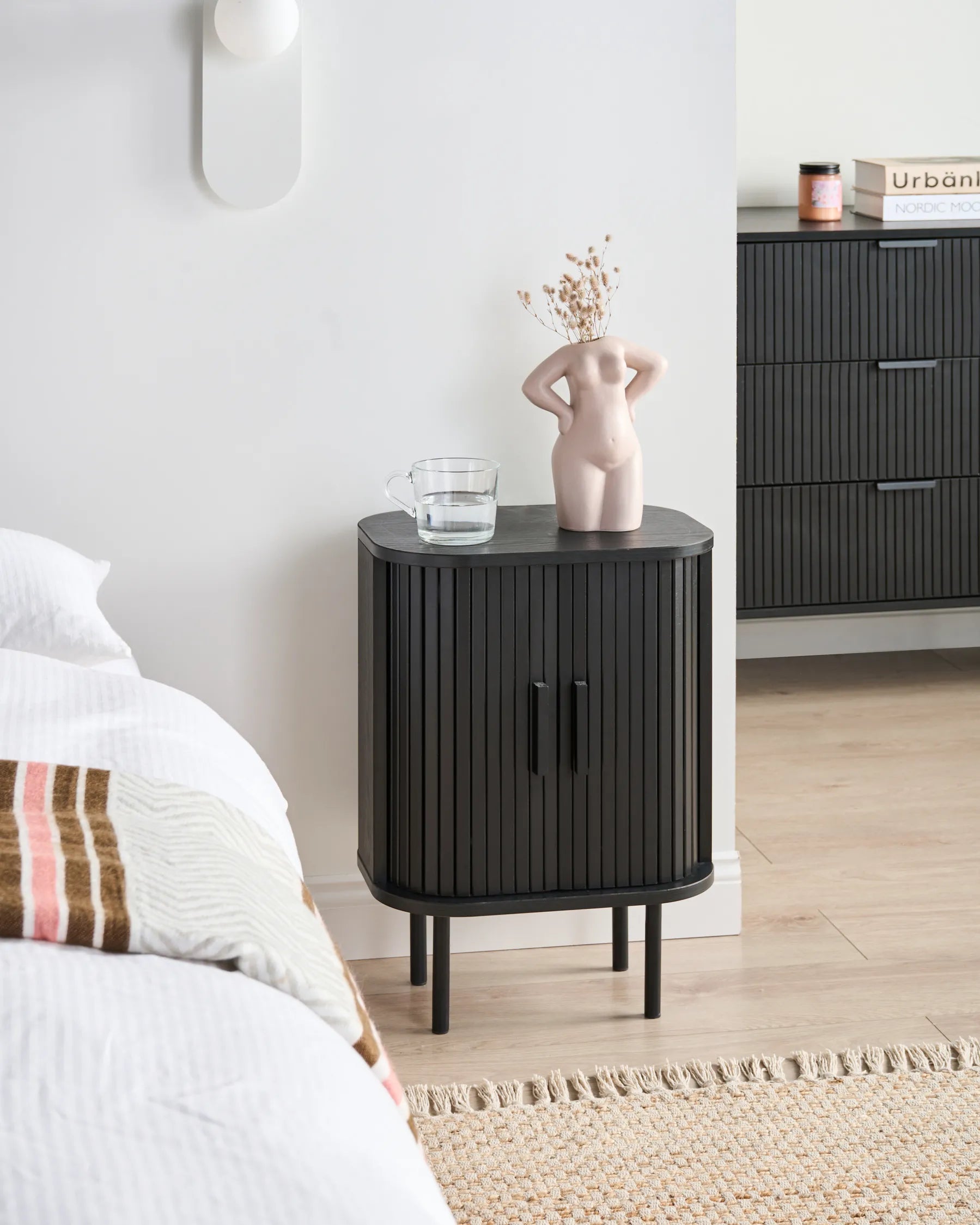 Bedside Table BRADLEY Black with Sliding Doors, Retro Nightstand with Storage, MDF & Pine Wood, 40 x 30 x 55 cm