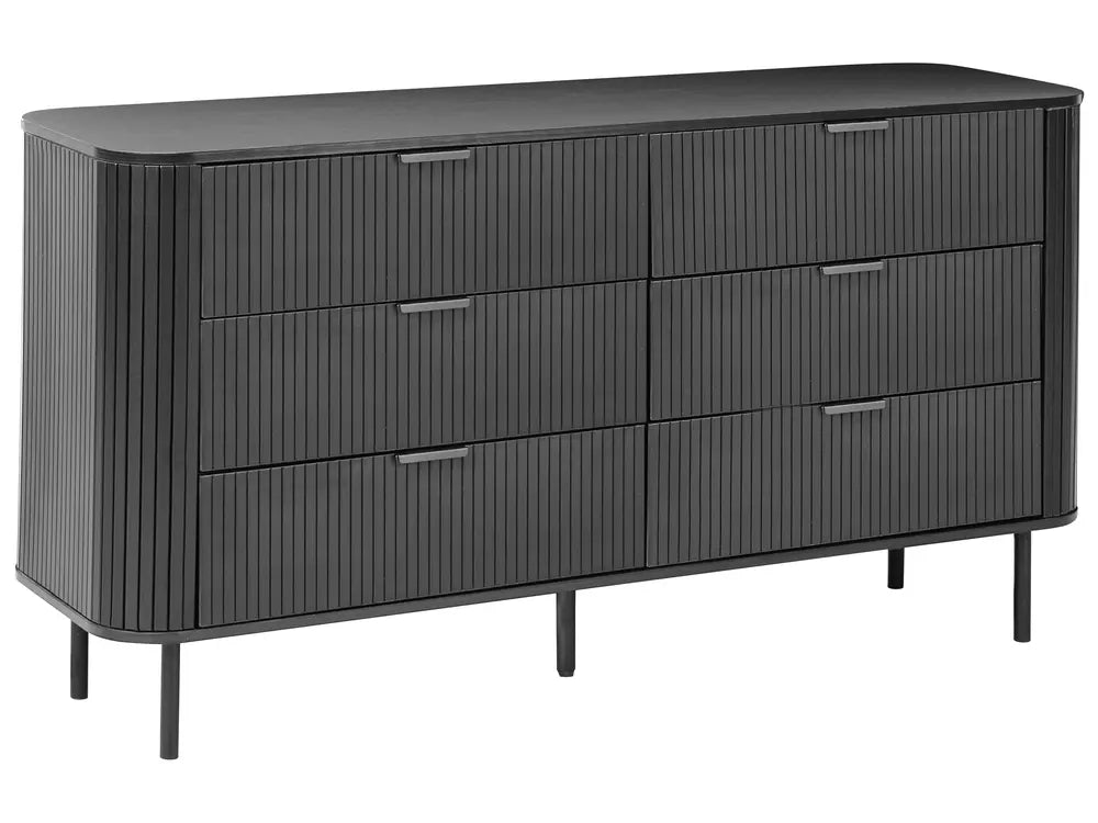 6 Drawer Chest BRADLEY Black – Retro Storage Cabinet with Fluted Fronts