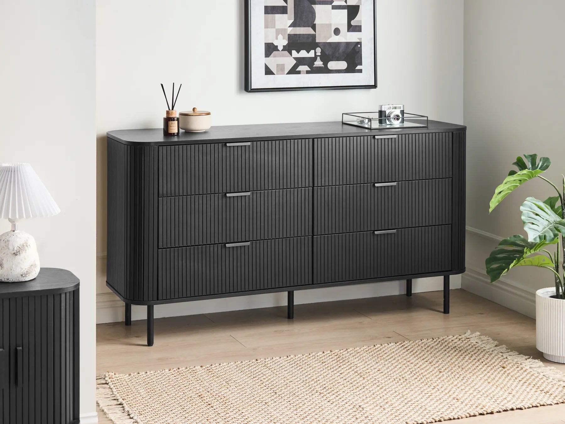 6 Drawer Chest BRADLEY Black – Retro Storage Cabinet with Fluted Fronts