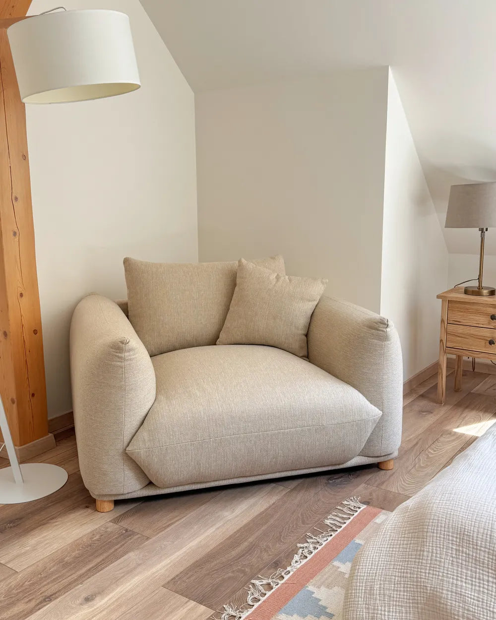 LUVOS Fabric Armchair – Low Profile Deep Seat Lounge Chair in Light Beige with Extra Cushion