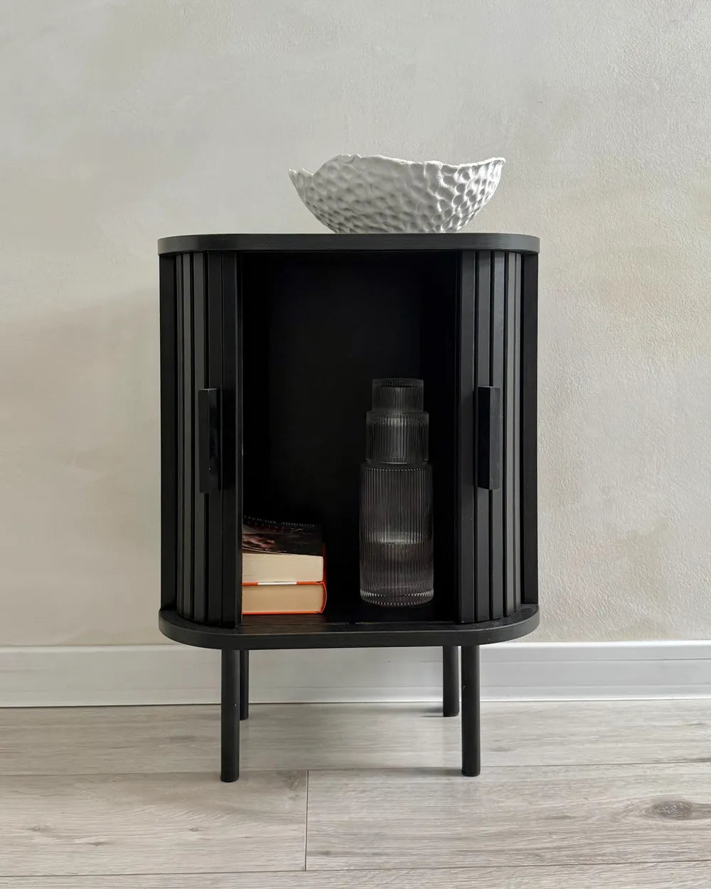 Bedside Table BRADLEY Black with Sliding Doors, Retro Nightstand with Storage, MDF & Pine Wood, 40 x 30 x 55 cm