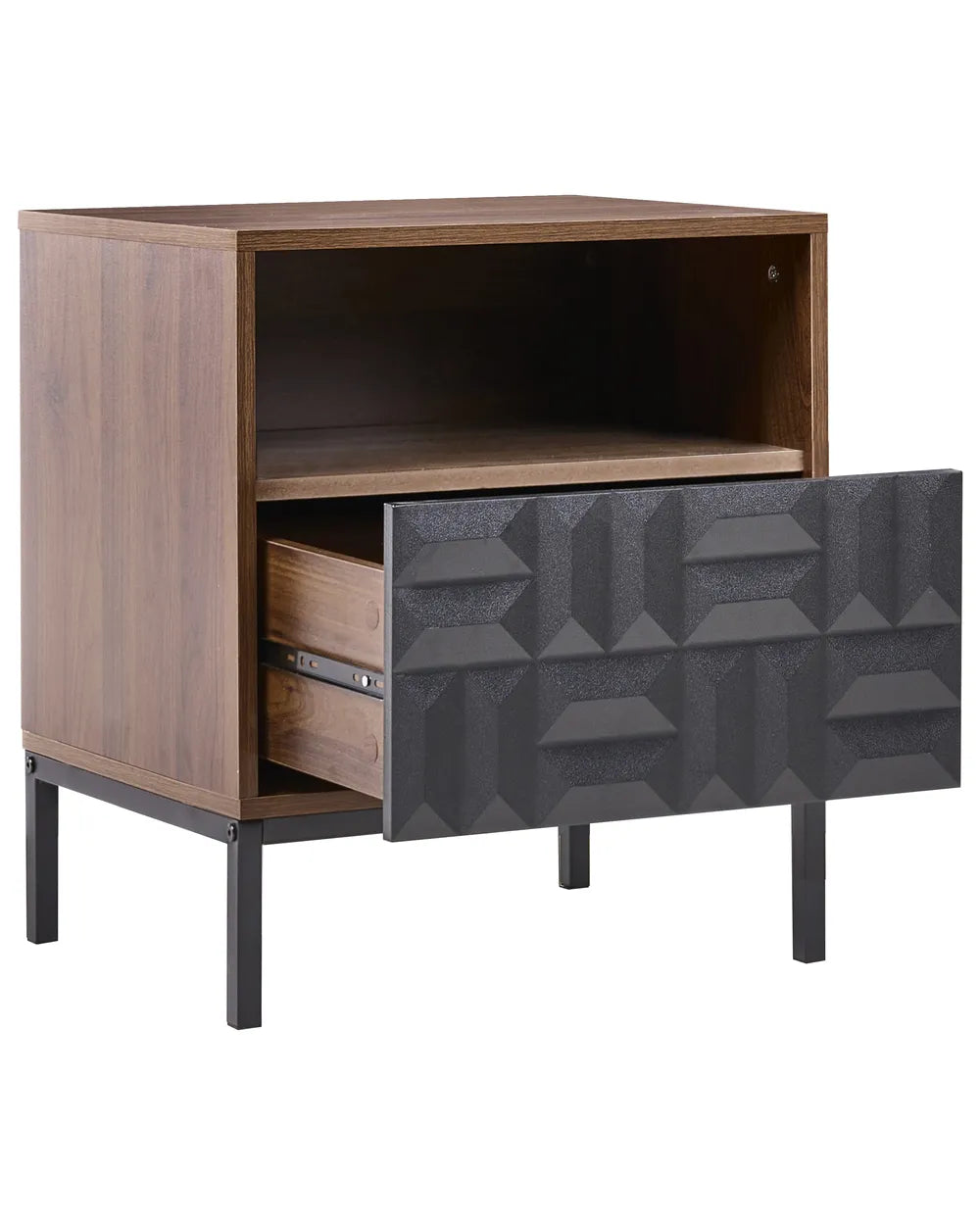 Nightstand with Geometric Pattern – 1 Drawer Bedside Table in Dark Brown