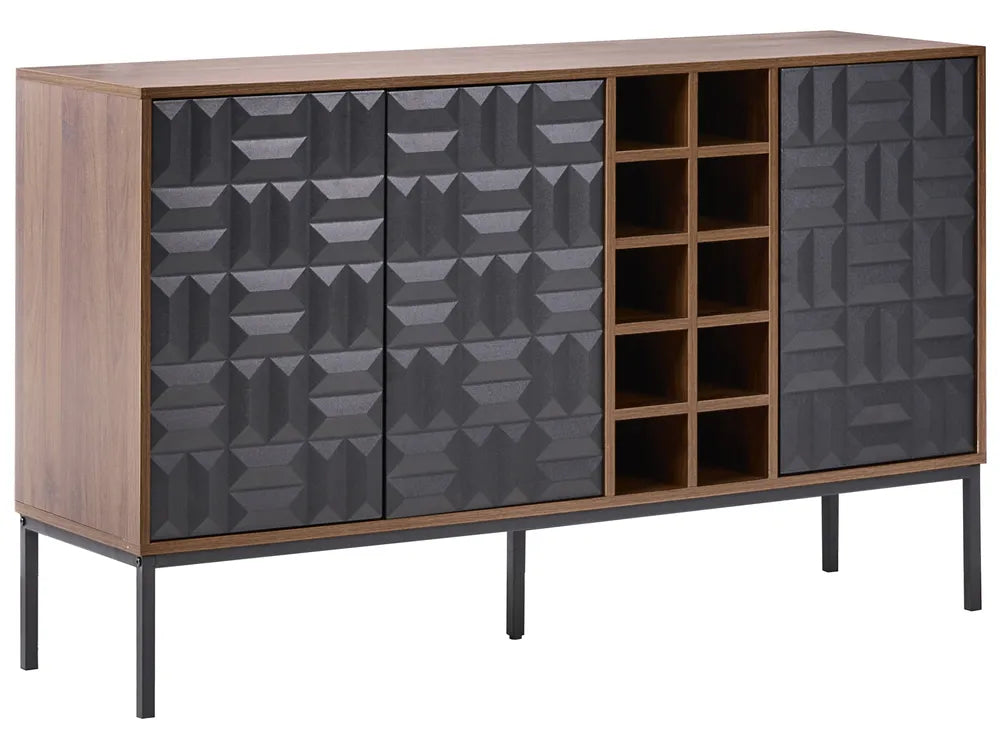CARAQUET Dark Brown Wine Cabinet with Built-In Wine Rack, Geometric Doors, MDF & Steel Frame, 140 × 40 × 85 cm