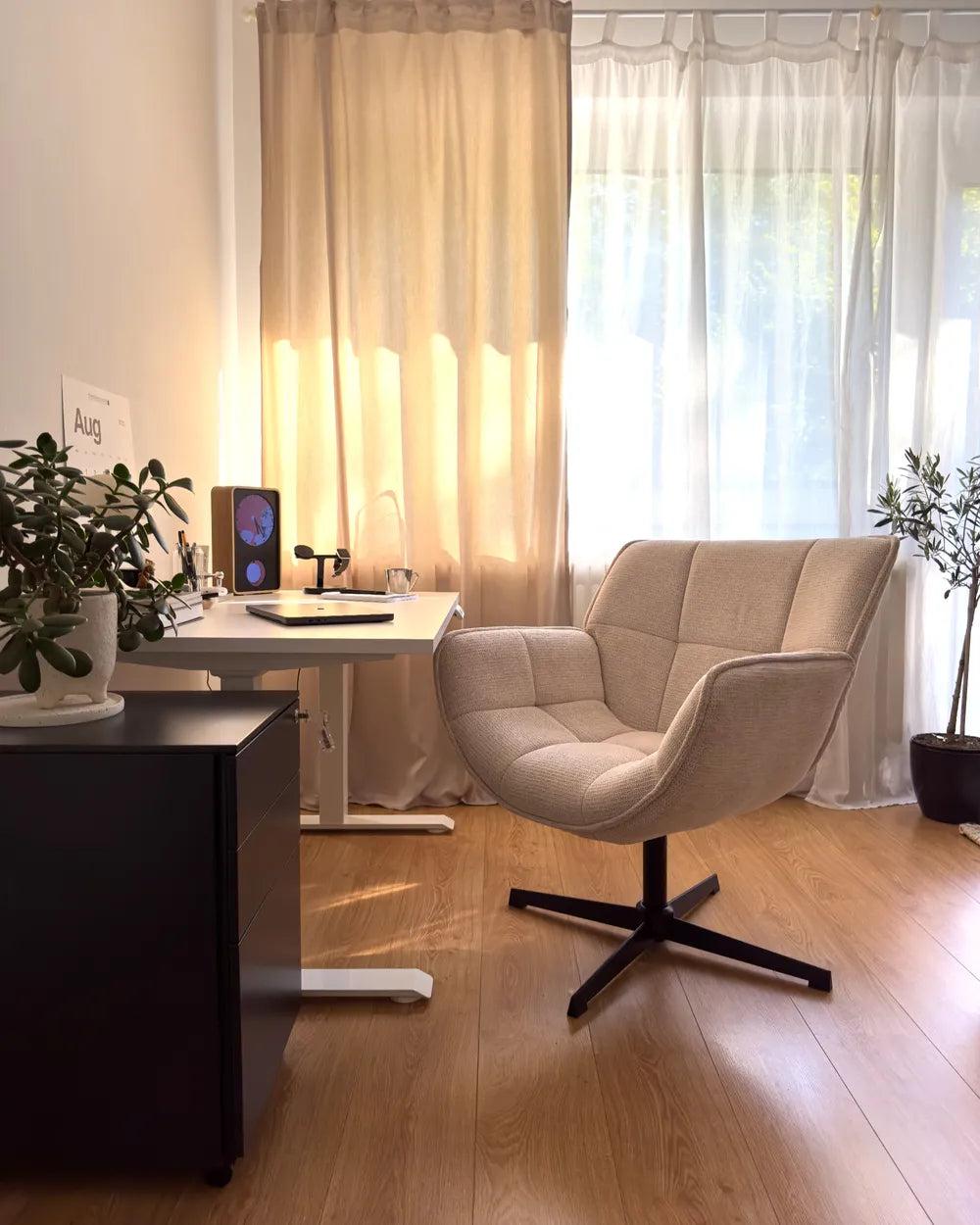 Swivel Armchair AUMA Fabric Beige – Retro Accent Chair with 360° Swivel Base