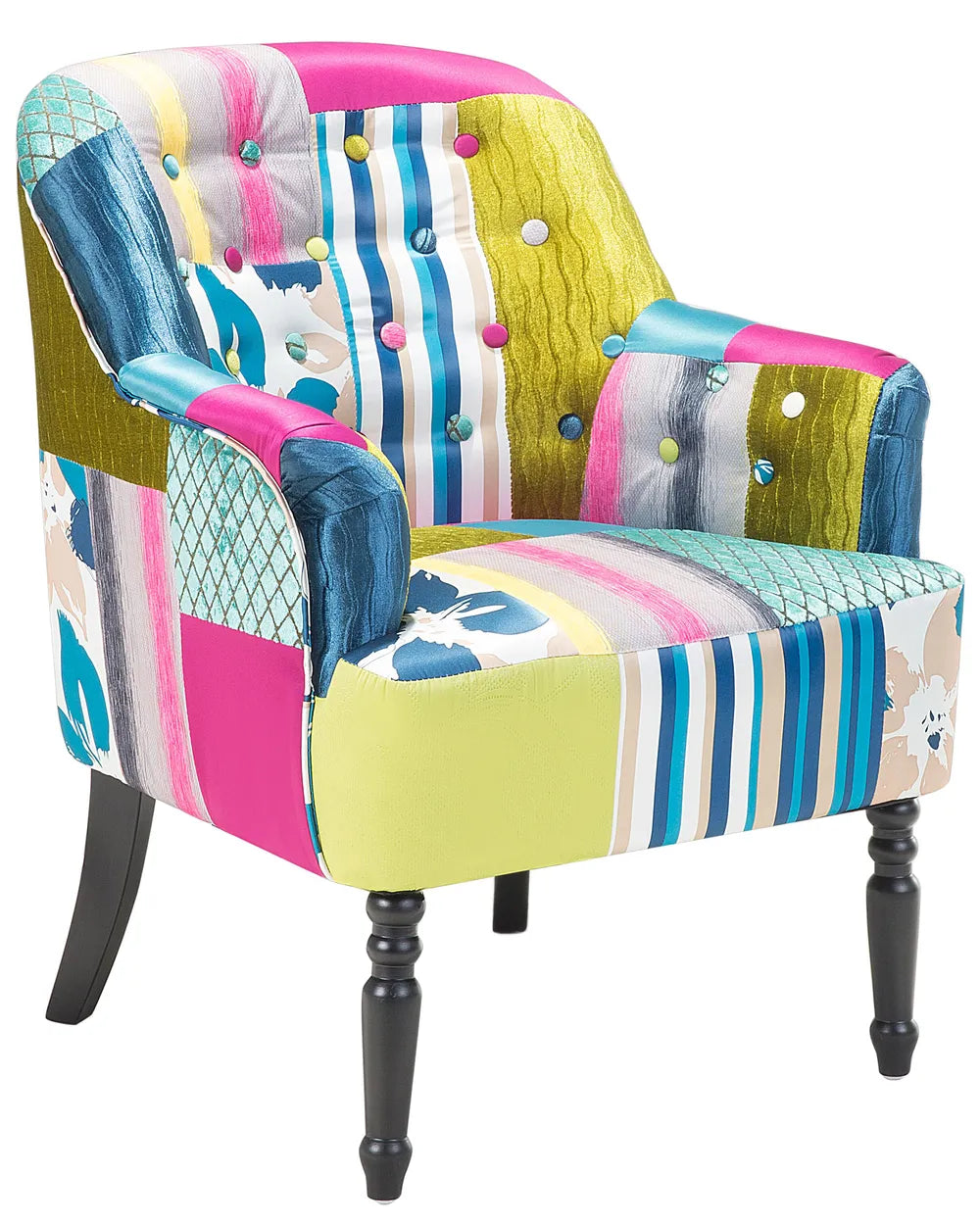 MANDAL Retro Patchwork Fabric Armchair – Multicolour Upholstered Accent Chair with Wooden Legs
