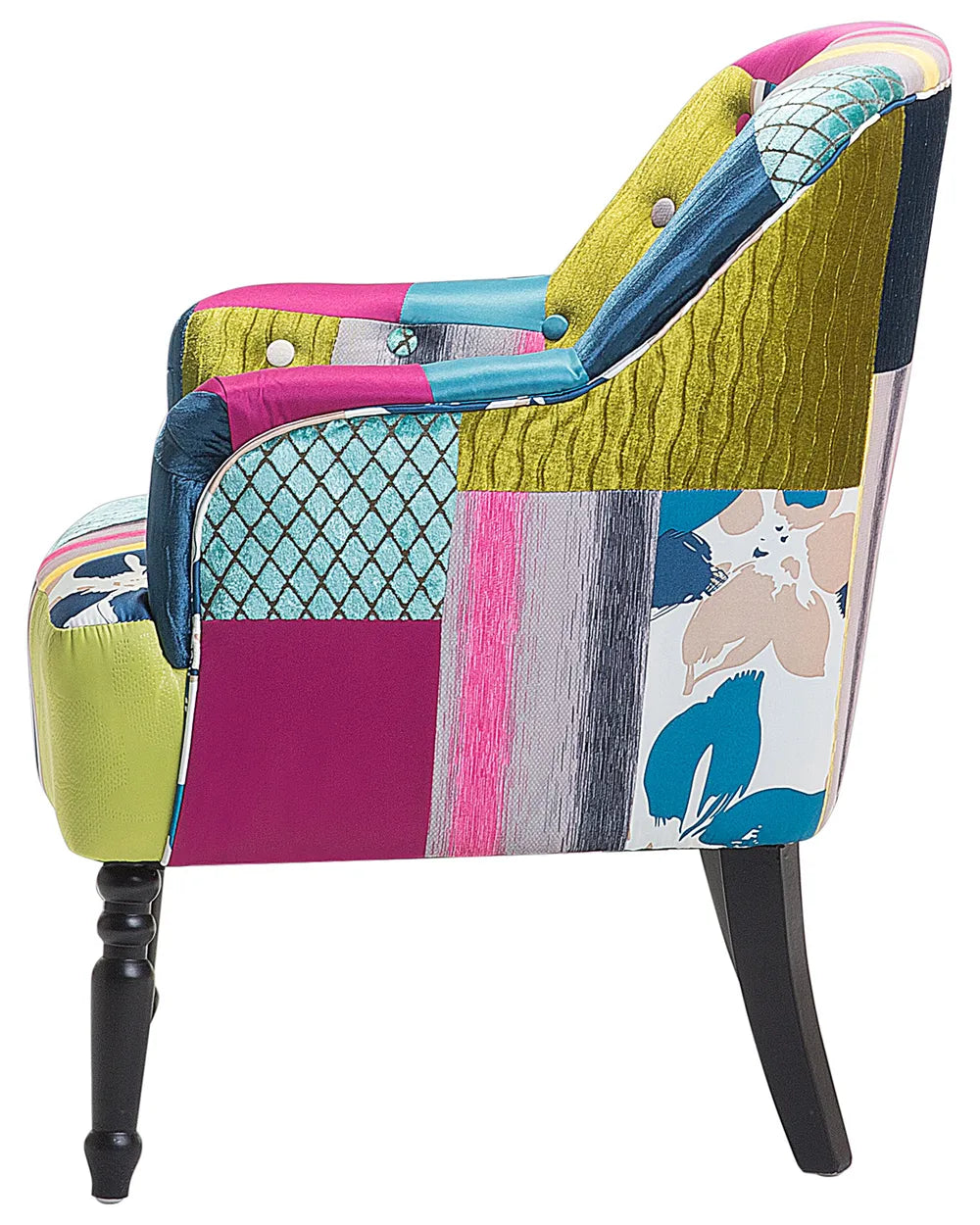 MANDAL Retro Patchwork Fabric Armchair – Multicolour Upholstered Accent Chair with Wooden Legs