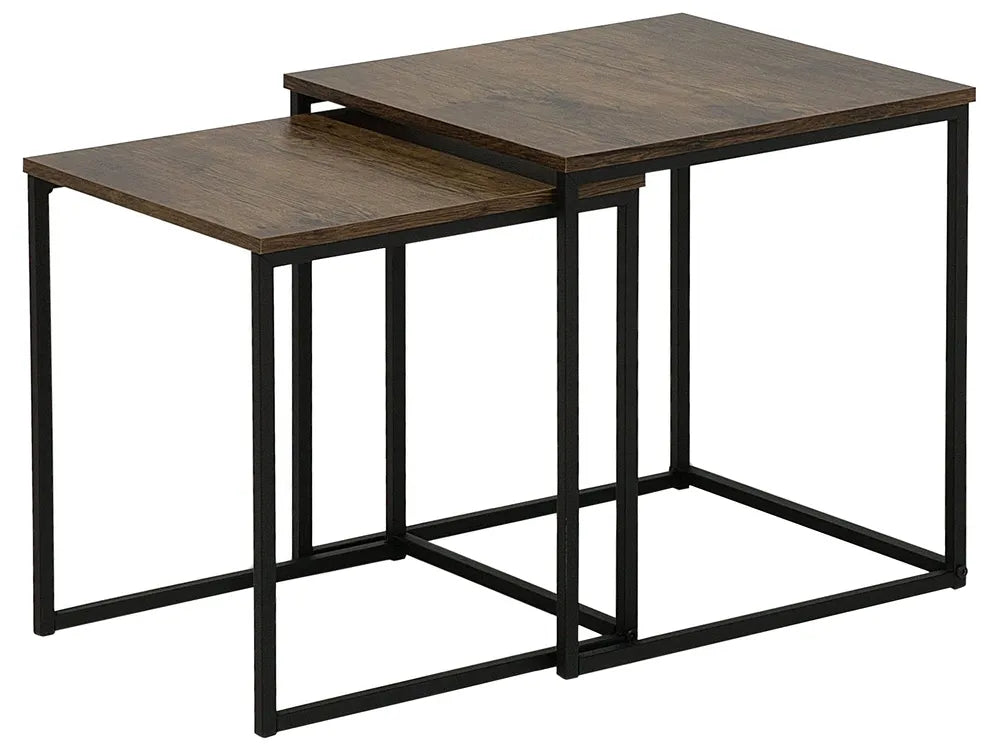 DENNY Set of 2 Side Tables, Square MDF Tables with Metal Frame, Dark Brown, 40×40×42 cm & 35×35×39 cm