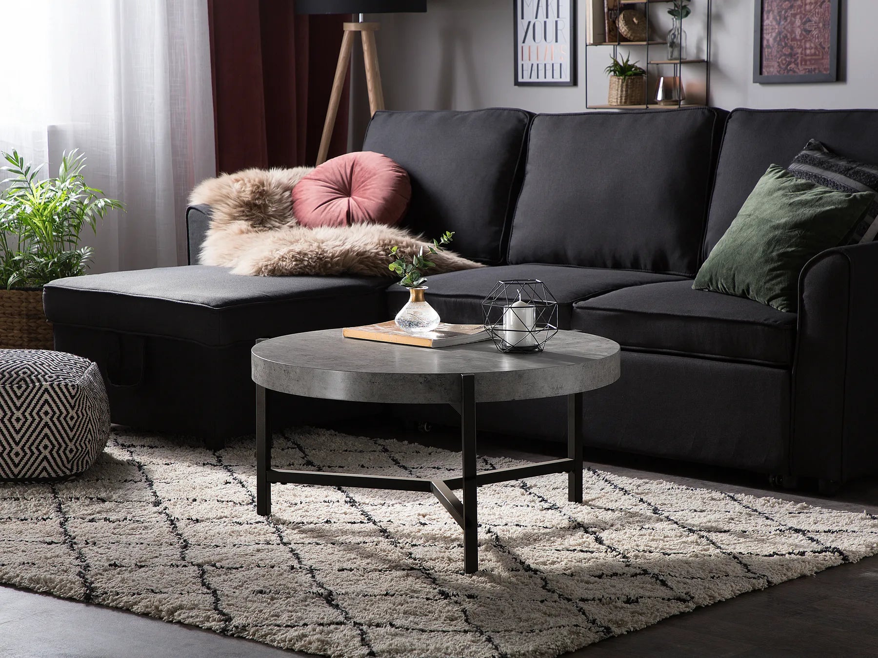 BONITA Round Coffee Table – Grey Concrete Effect, Metal Frame