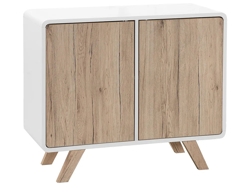 Retro Highboard Cabinet MILO White with Wooden Legs – Scandinavian Storage Cabinet with Shelves for Living Room or Bedroom
