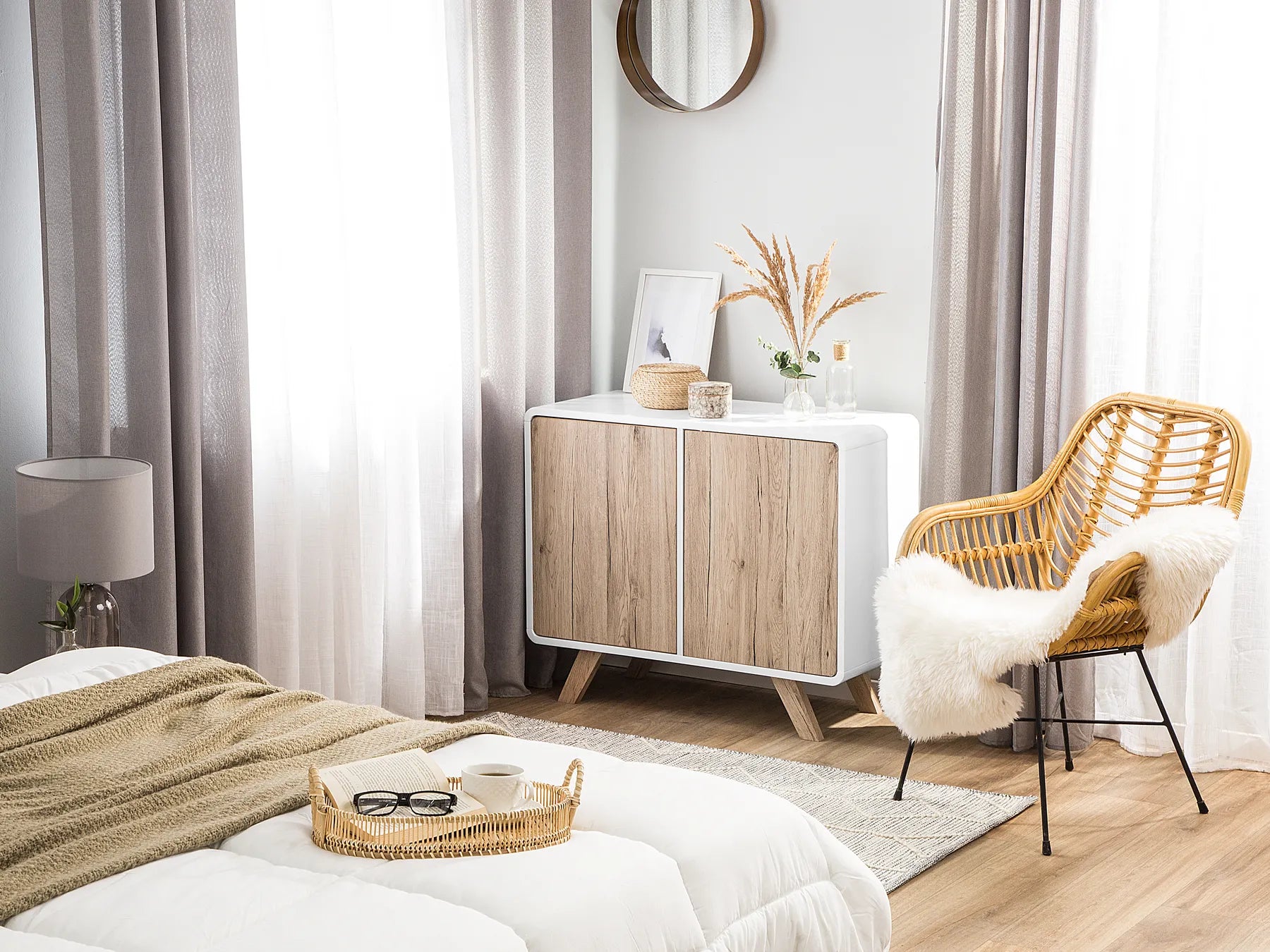 Retro Highboard Cabinet MILO White with Wooden Legs – Scandinavian Storage Cabinet with Shelves for Living Room or Bedroom