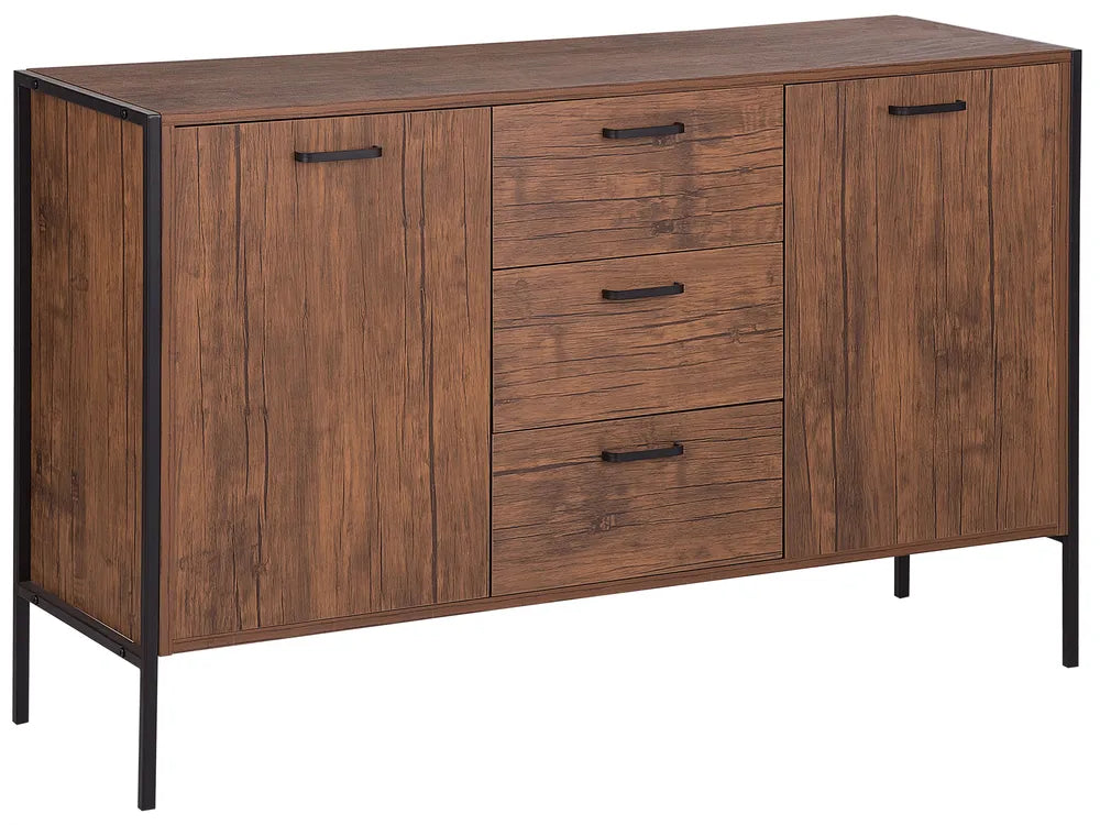 2 Door Sideboard TIFTON Dark Brown – Multifunctional Living Room Cabinet with Drawers, Steel Frame, Wood-Effect Finish