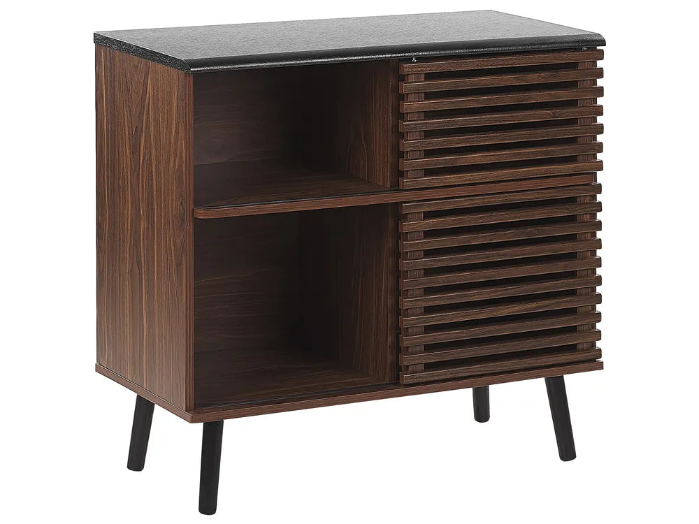 PERTH Dark Brown Sliding Door Cabinet – 80×40×80 cm Wooden-Style Storage Sideboard with Slatted Front