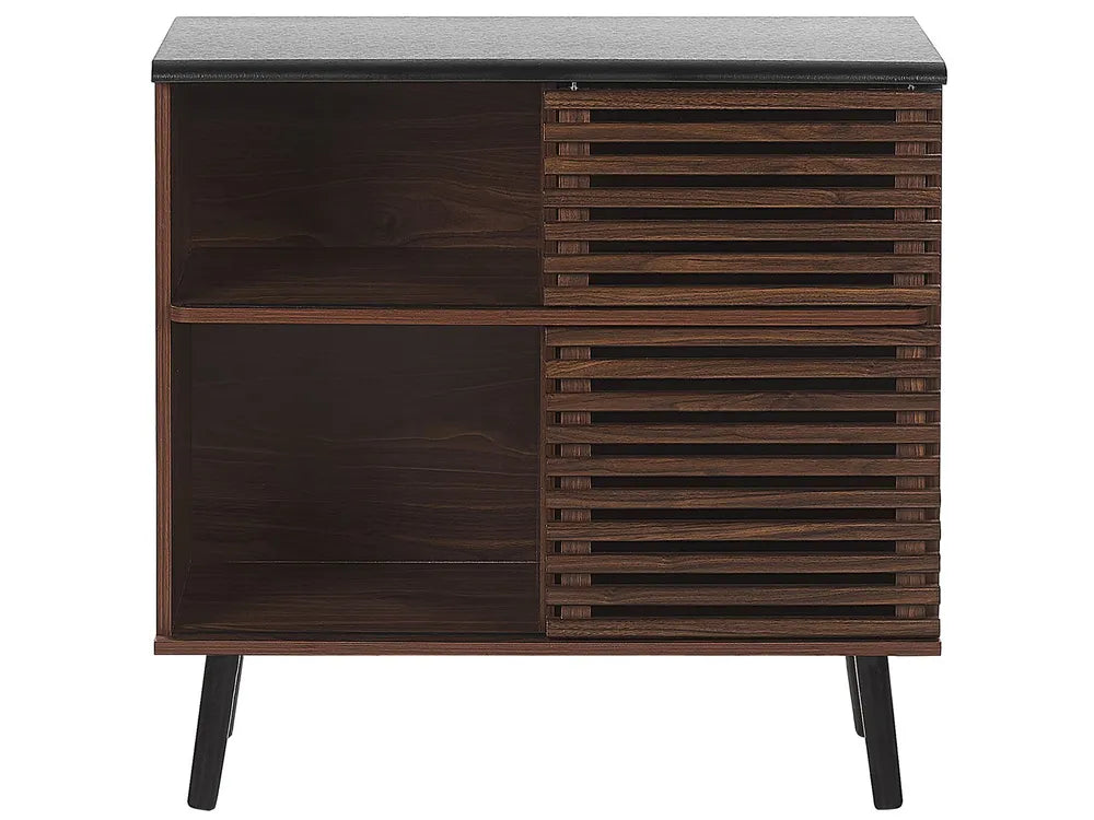 PERTH Dark Brown Sliding Door Cabinet – 80×40×80 cm Wooden-Style Storage Sideboard with Slatted Front