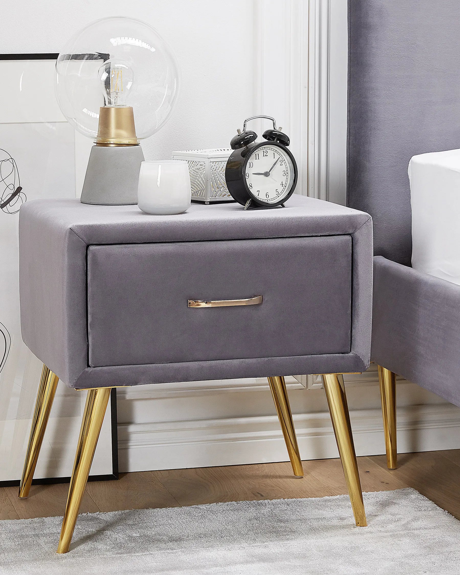 1 Drawer Bedside Table FLAYAT – Velvet Upholstered Nightstand, Grey with Gold Legs