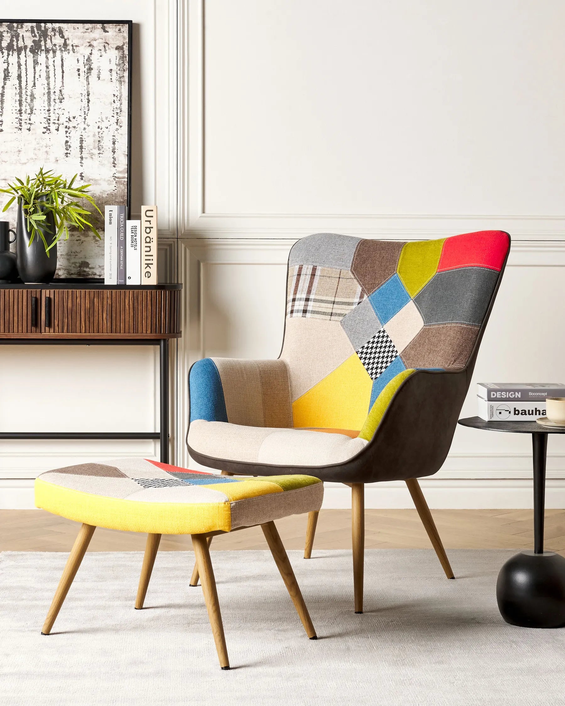 Wingback Chair VEJLE with Footstool – Fabric Multicolour