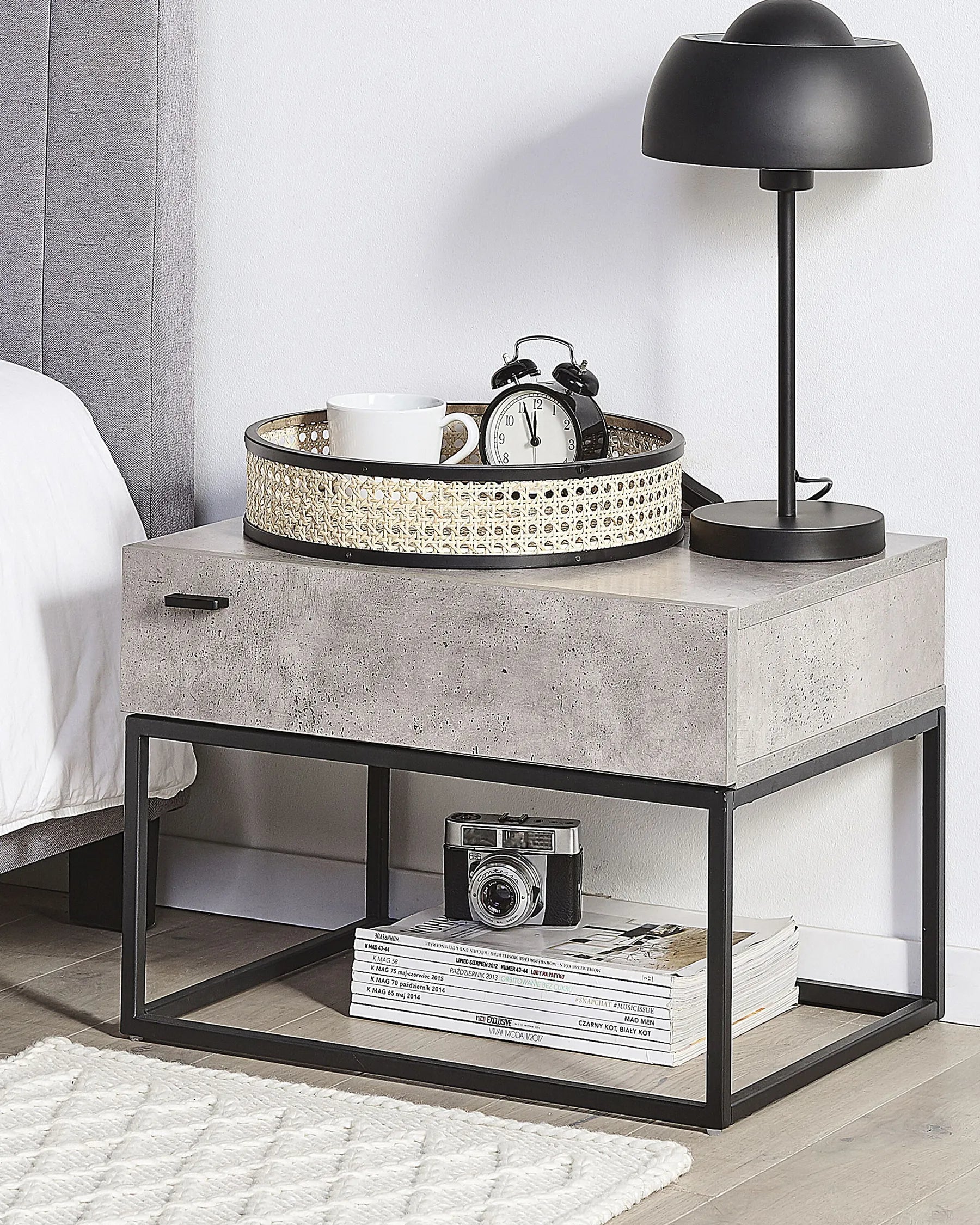 1 Drawer Industrial Bedside Table CAIRO – Light Grey, Concrete Effect, Metal Frame
