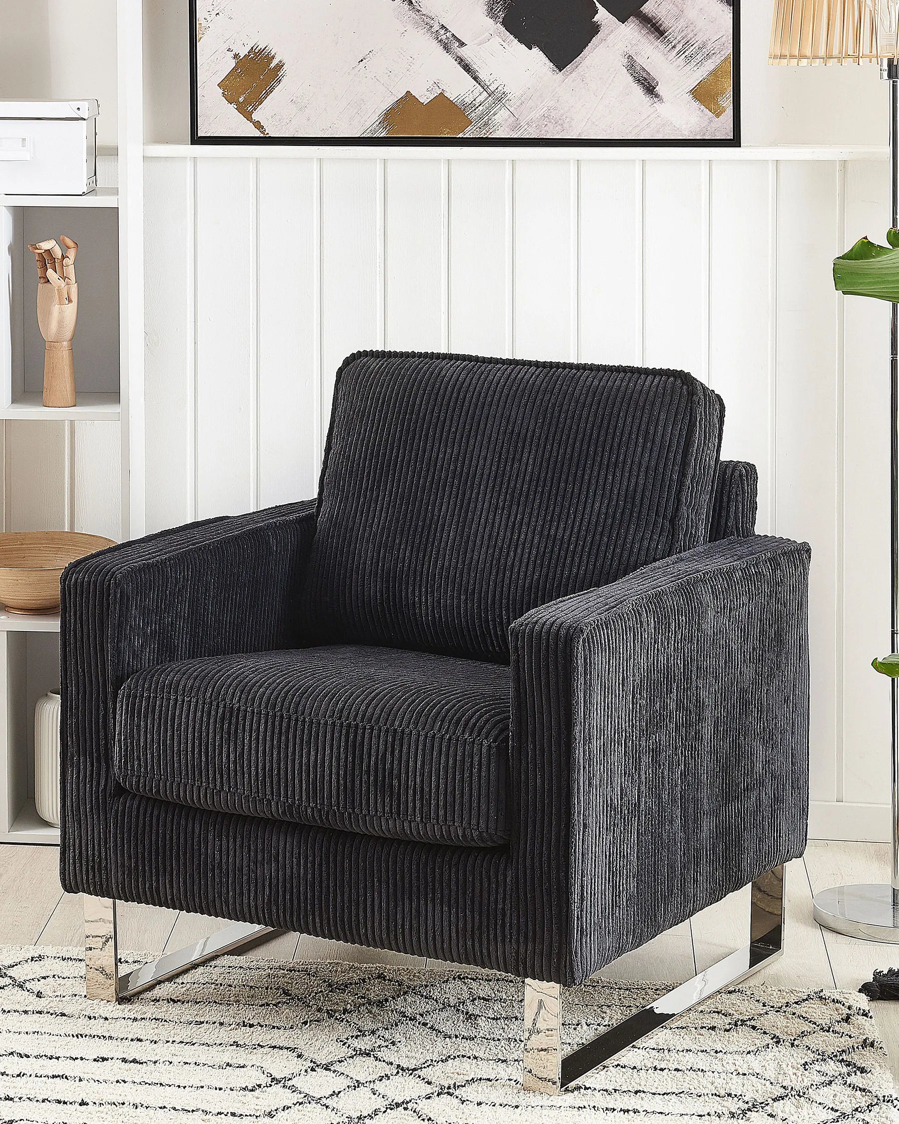 VIND Corduroy Armchair with Sled Base – Black Upholstered Accent Chair with Removable Covers, Stainless Steel Frame