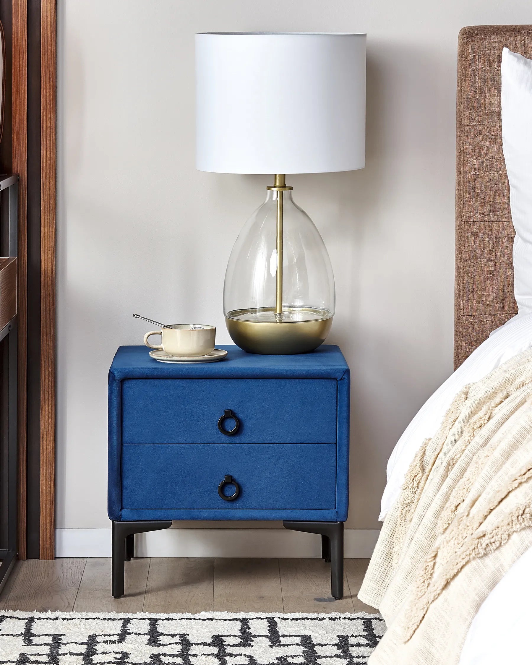 2 Drawer Upholstered Bedside Table SEZANNE in Blue Velvet with Metal Legs