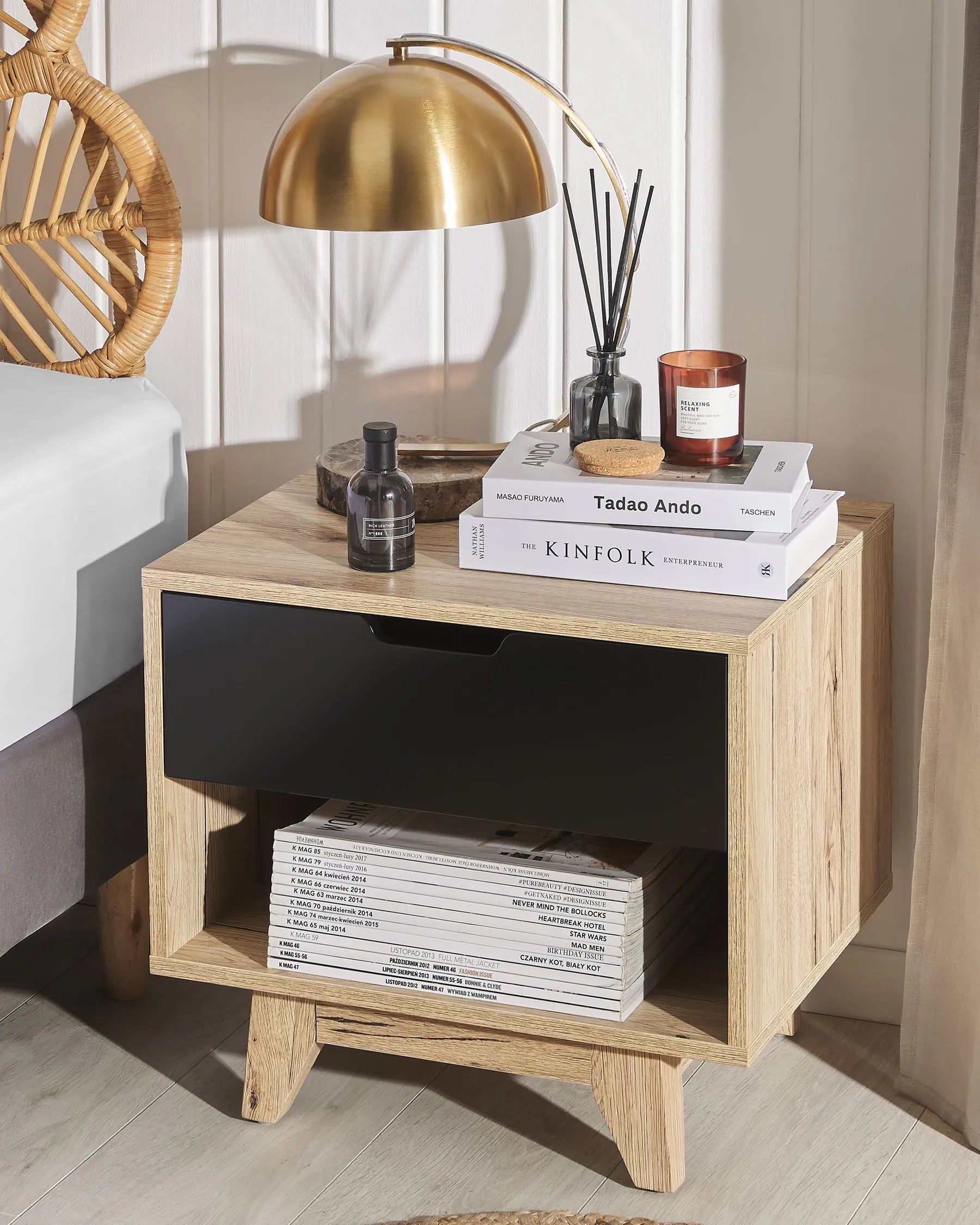 Scandinavian Bedside Table with Drawer and Open Shelf