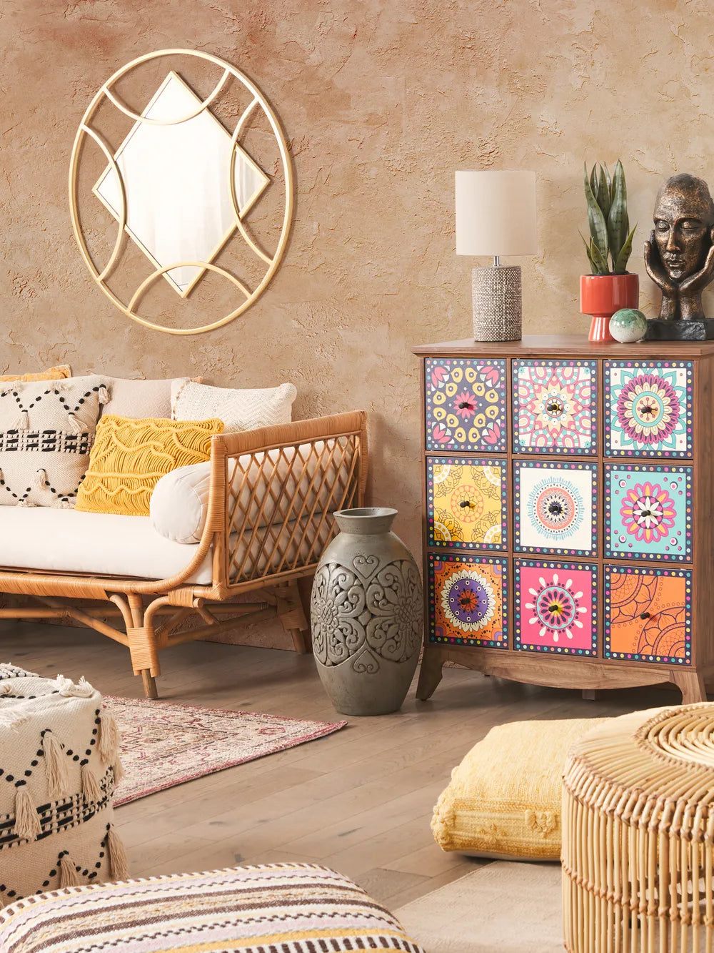 KUMA Multicolour Sideboard Cabinet with Moroccan Pattern – Wooden Finish Storage Unit