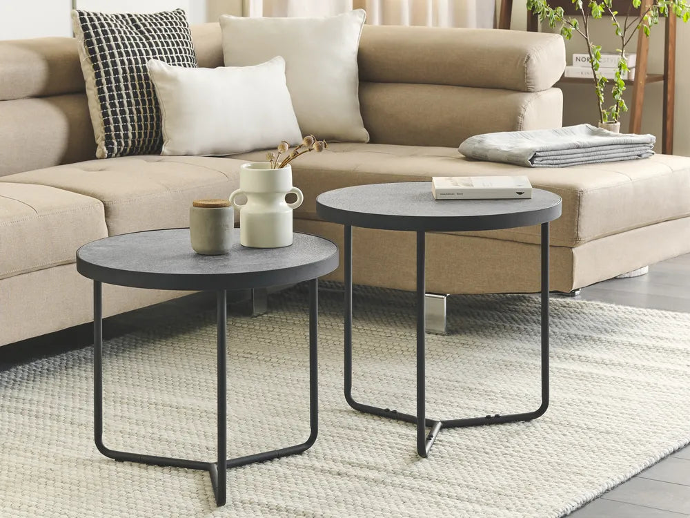 MELODY Set of 2 Coffee Tables, Round MDF Tables with Metal Legs, Grey, 50×50×50 cm & 50×50×45 cm
