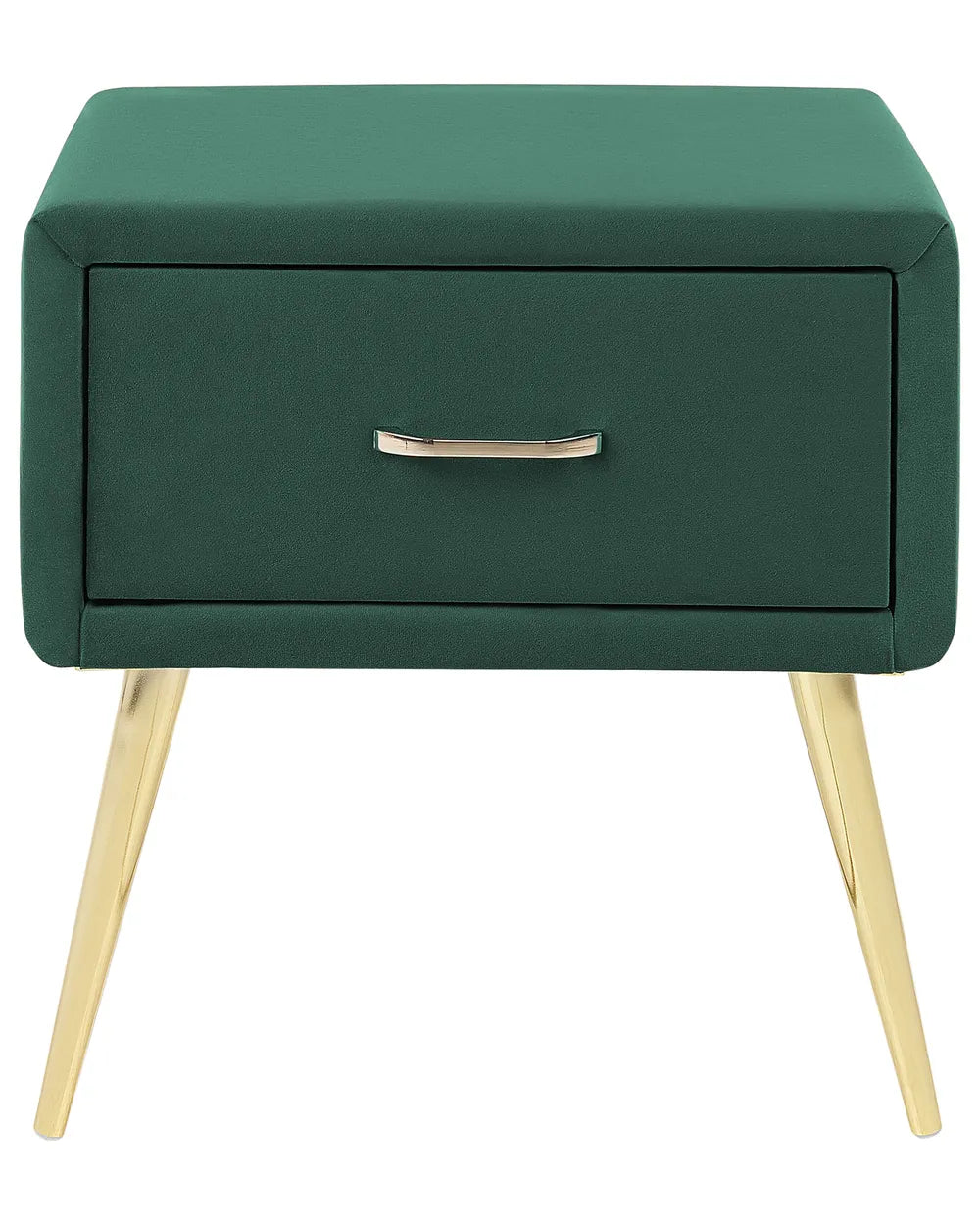 1 Drawer Bedside Table FLAYAT – Velvet Upholstered Nightstand, Green with Gold Legs