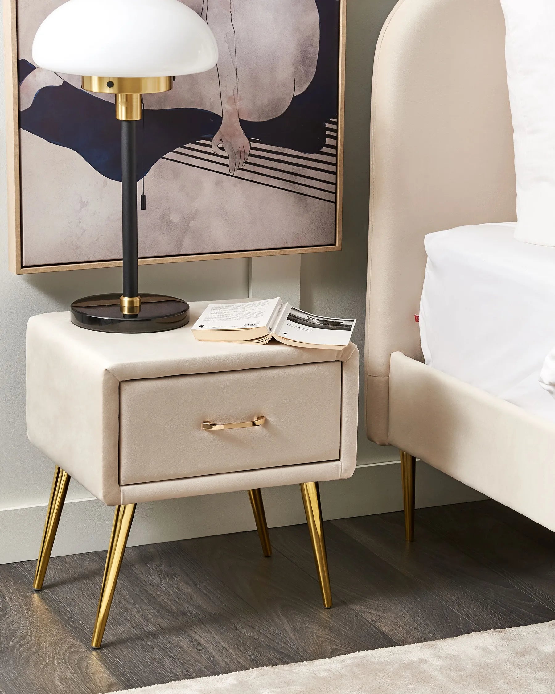1 Drawer Bedside Table FLAYAT – Velvet Upholstered Nightstand, Light Beige with Gold Legs