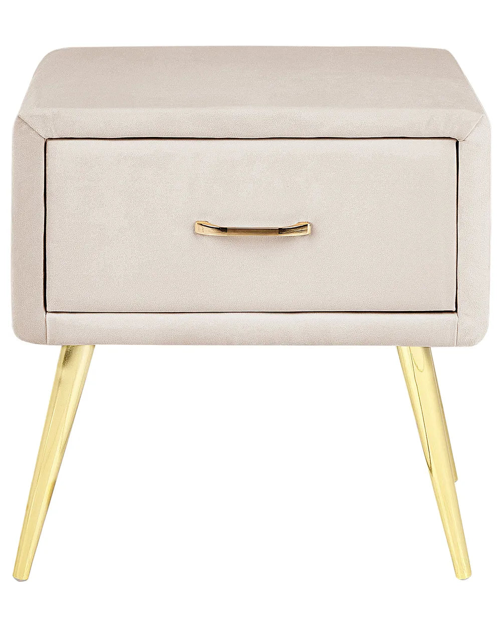 1 Drawer Bedside Table FLAYAT – Velvet Upholstered Nightstand, Light Beige with Gold Legs