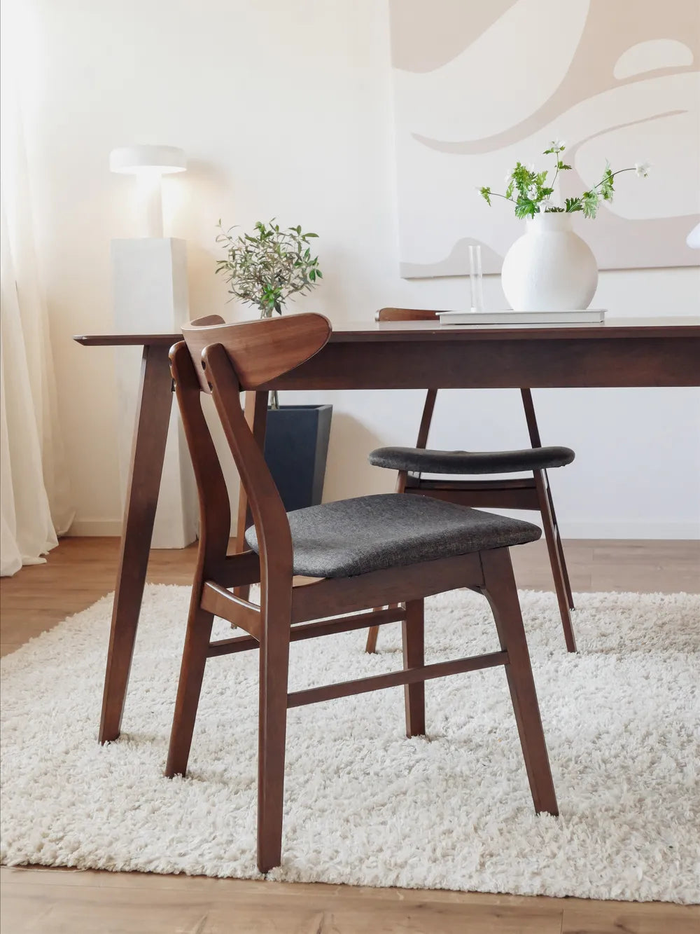 Scandinavian Wooden Dining Chair – Upholstered Seat with Curved Backrest