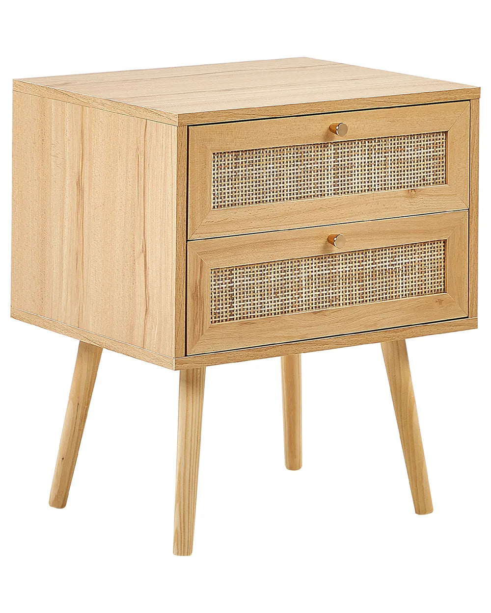 2-Drawer Bedside Table Perote with Rattan Fronts – Light Brown
