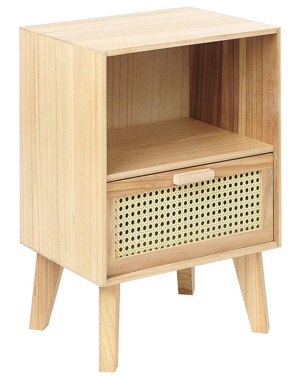 Rustic bedside table with rattan front and shelf