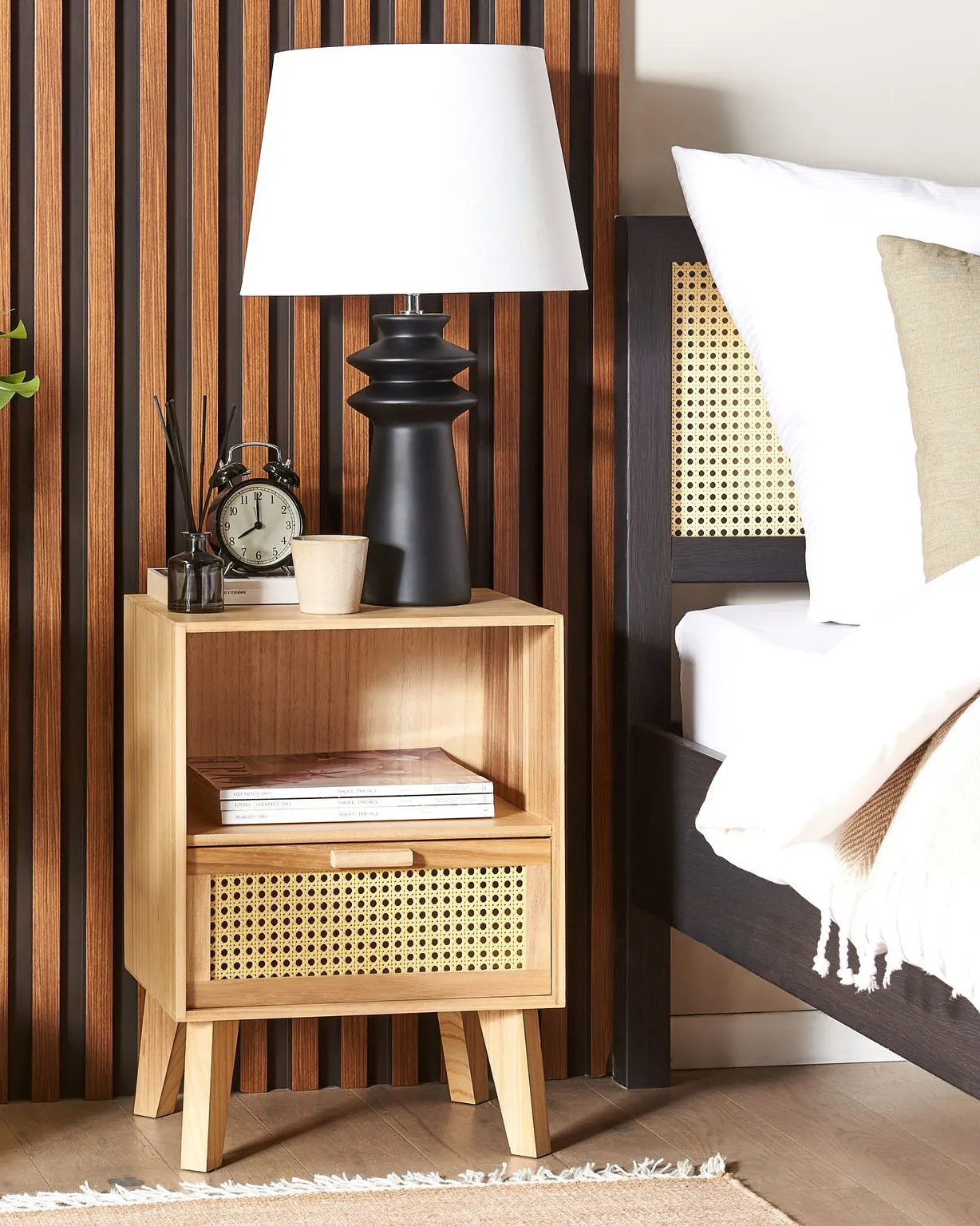 Rustic bedside table with rattan front and shelf