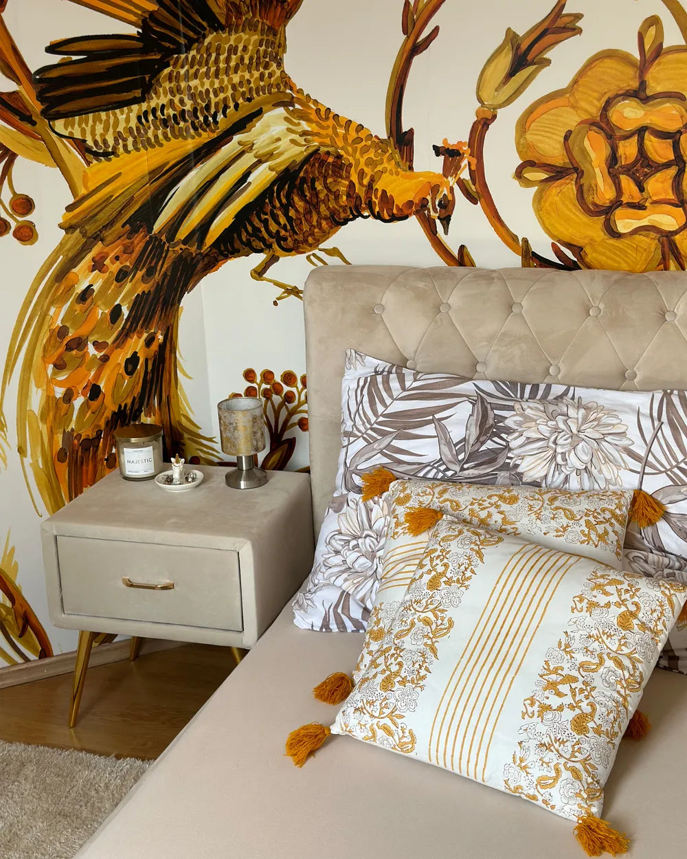 1 Drawer Bedside Table FLAYAT – Velvet Upholstered Nightstand, Light Beige with Gold Legs