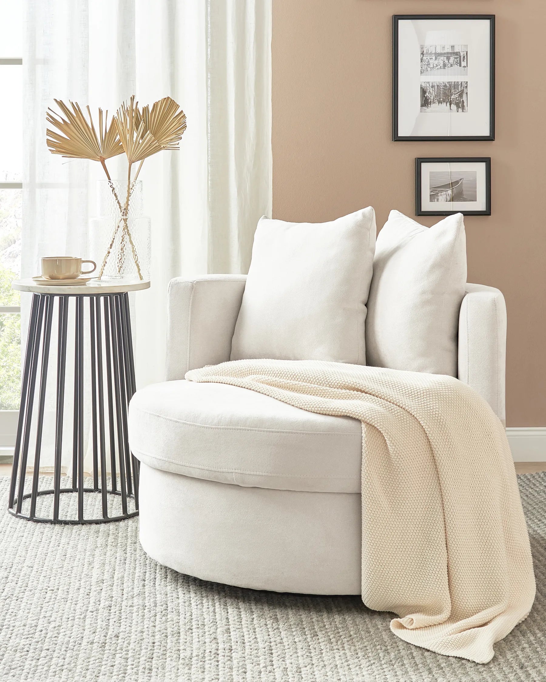 Swivel Armchair DALBY Fabric Light Beige with 360° Rotation, Removable Cushions and Pocket Spring Seat