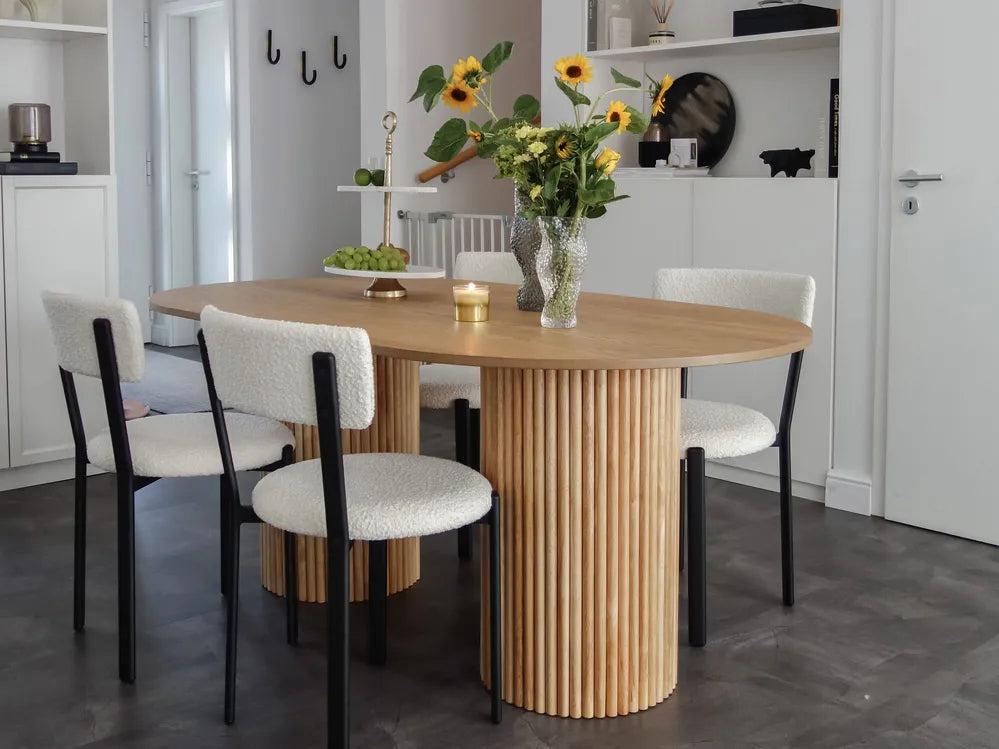 Modern Oval Dining Table with Fluted Pedestal Base – Natural Oak Finish